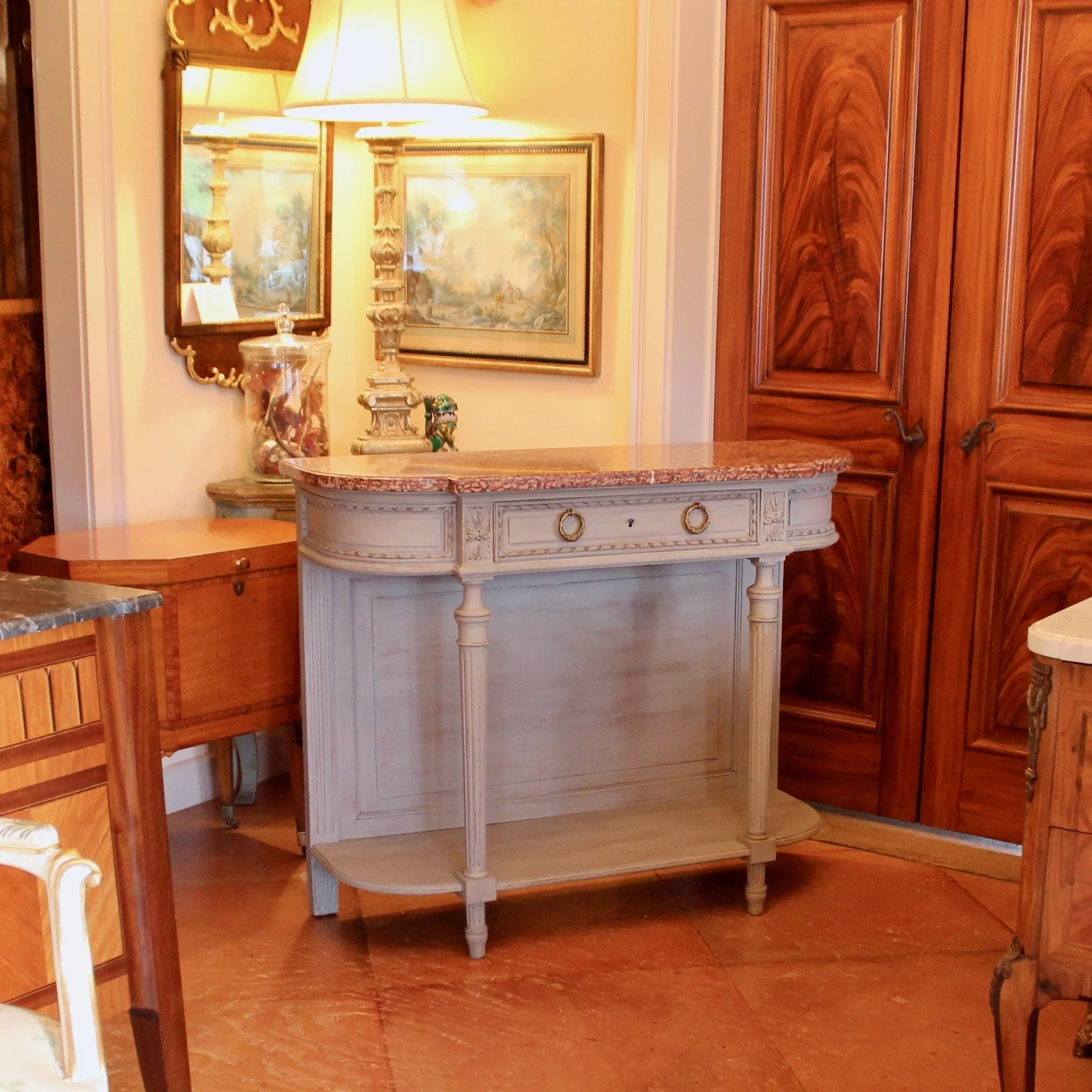 Grey-painted-Louis-XVI-Style-Console-Table-With-Marble-Top