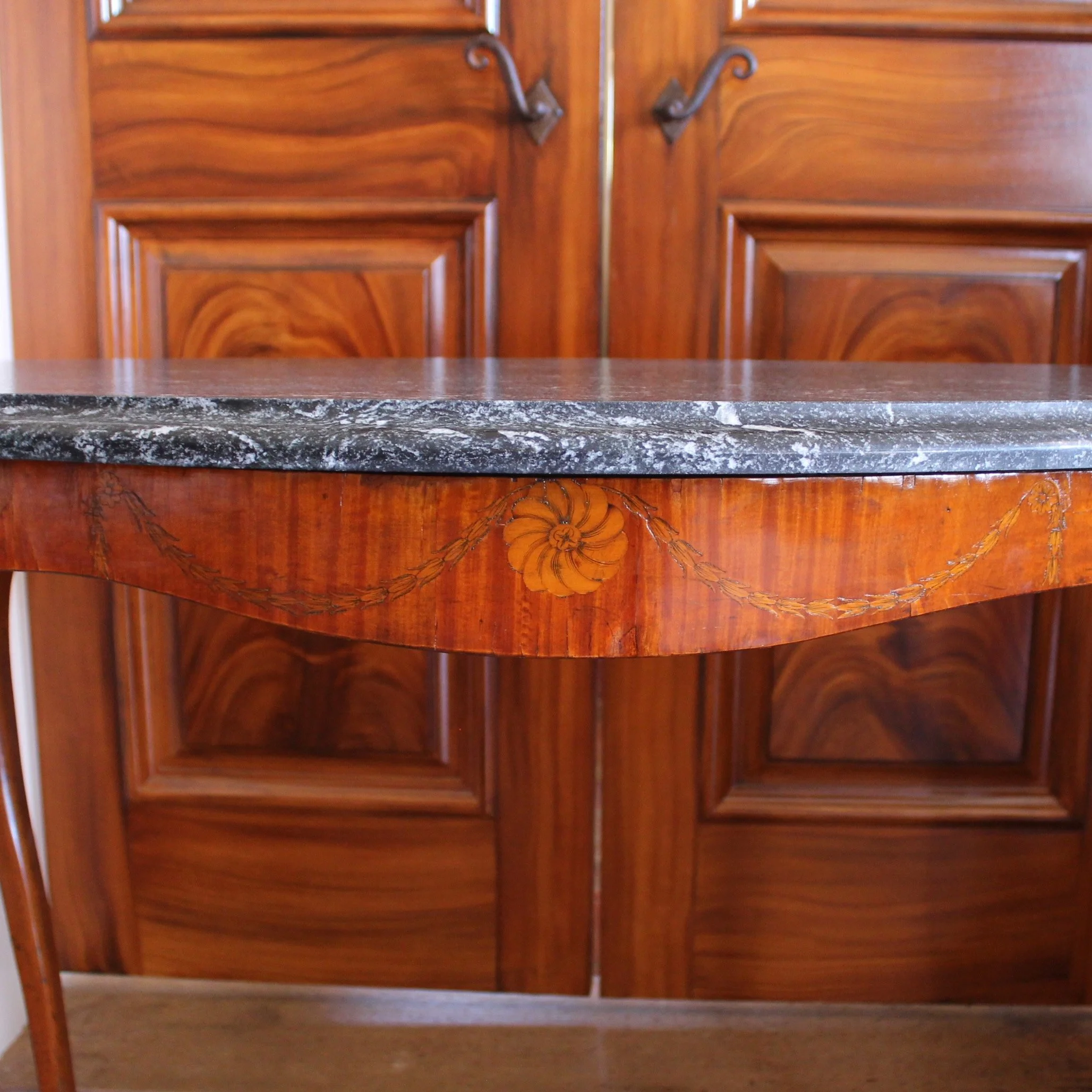 Pair-Edwardian-Satinwood-Marquetry-Console-Tables-With-Marble-Tops-front