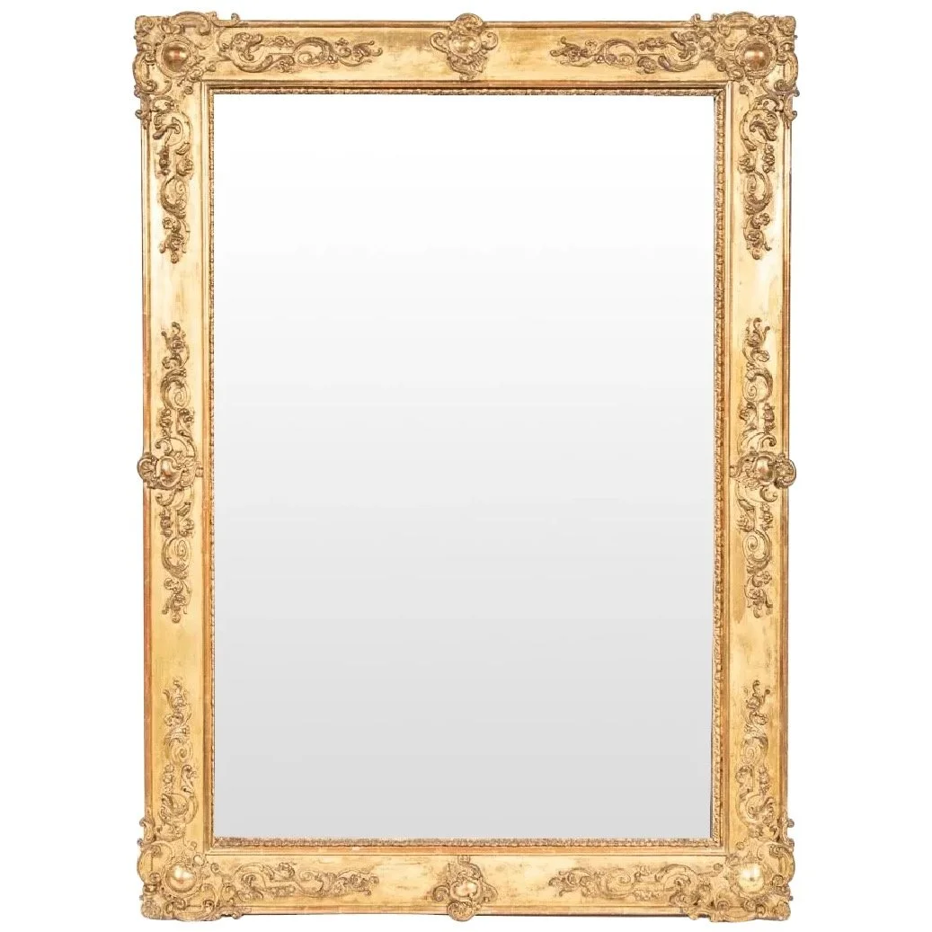 Large French Gilt Rectangular Mirror with Rococo Decoration and Cartouche Corners, late 19th Century