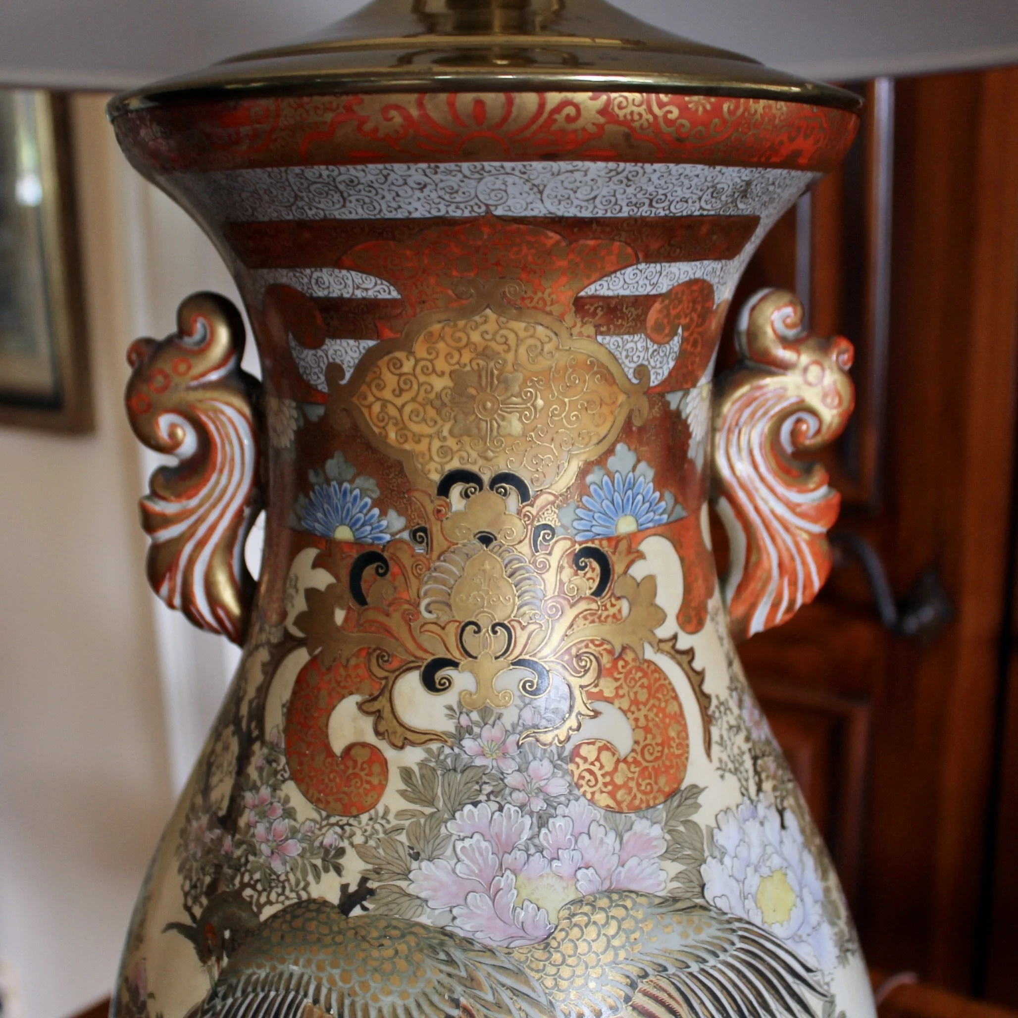 Antique Japanese Kutani Orange and Gilt Lamp