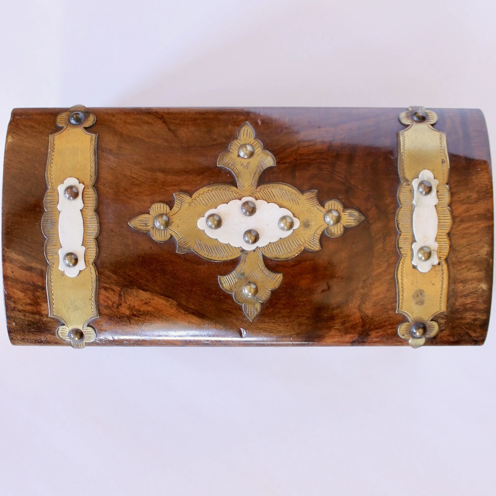 English Burl Walnut Tea Caddy with Decorative Brass Mounts