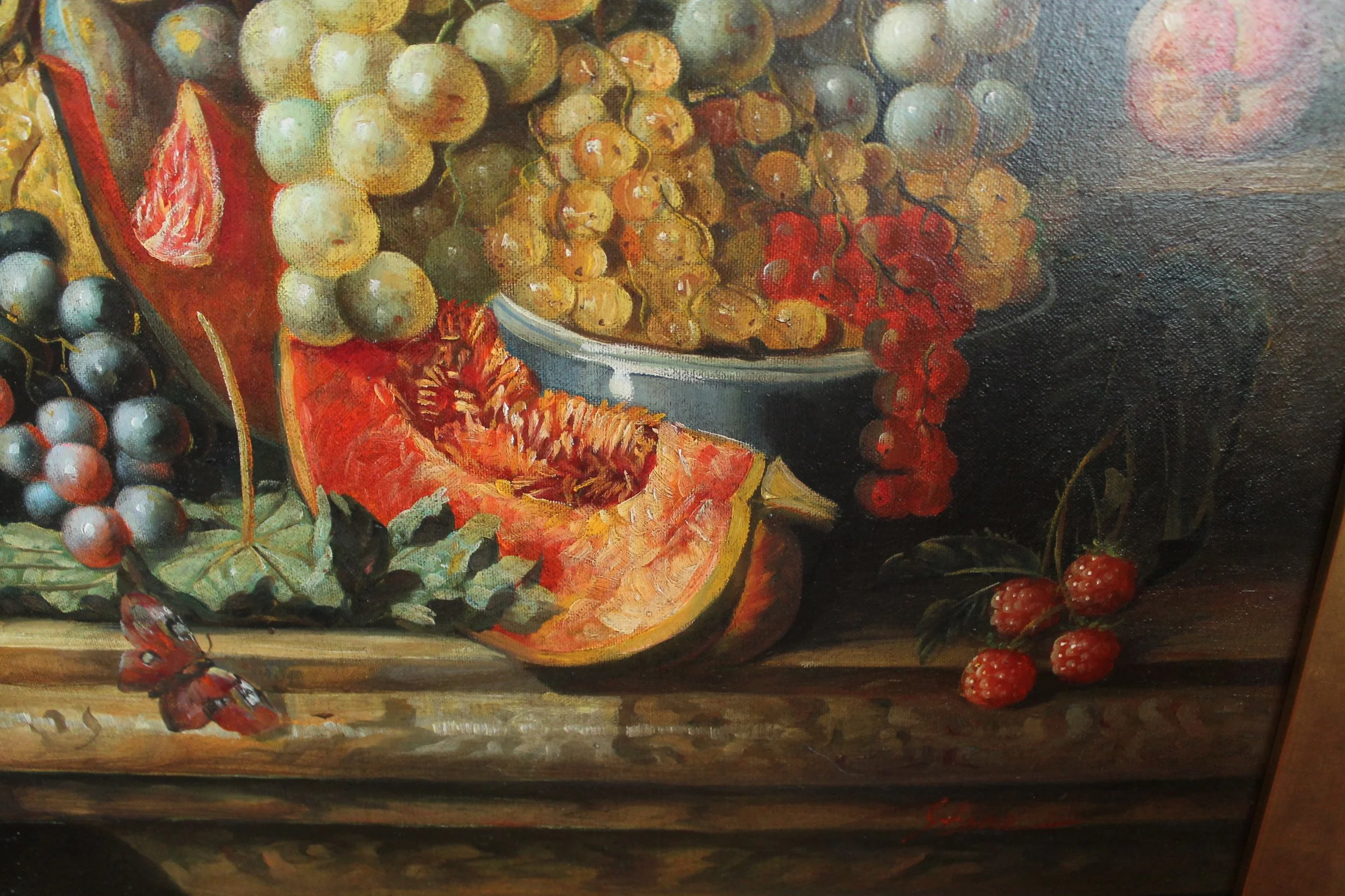 Still Life Oil on Canvas Painting: Flowers and Fruit