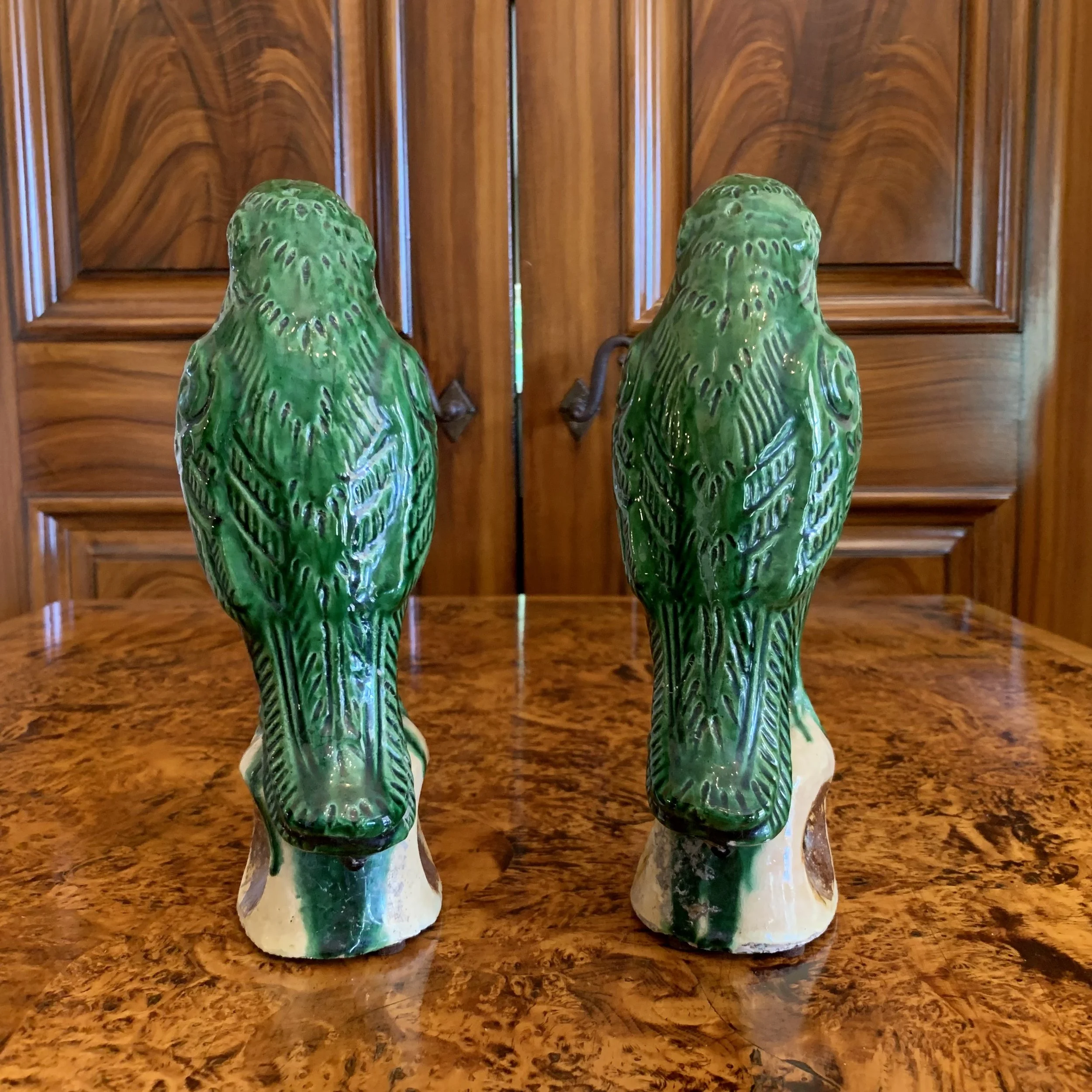 Pair of Antique Sancai Glazed Chinese Export Parrots