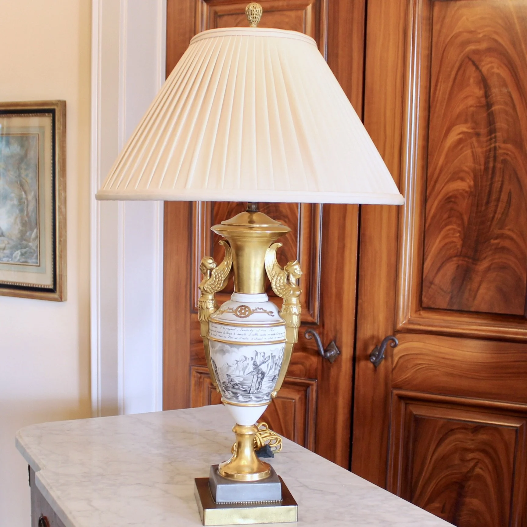 Fine Paris Porcelain Gilt and Grisaille Caryatid Lamp