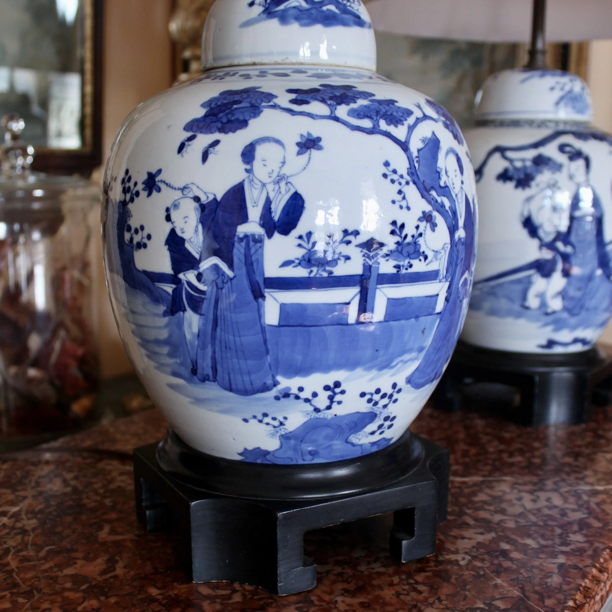 Pair of Chinese Blue and White kangxi Decorated Ginger Jar Lamps