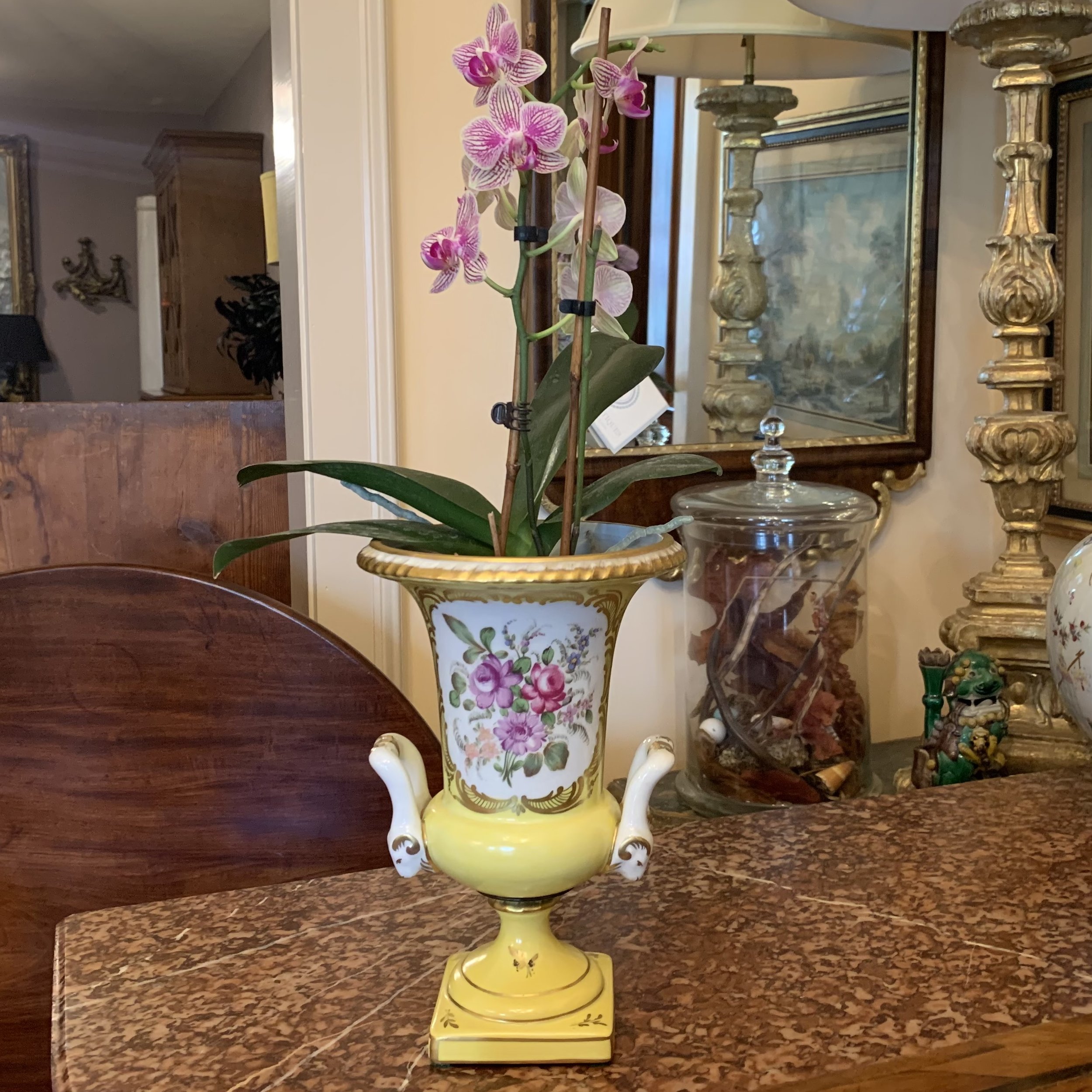 Pair of Paris Porcelain Yellow Glazed and Gilt Urn CACHEPOTS