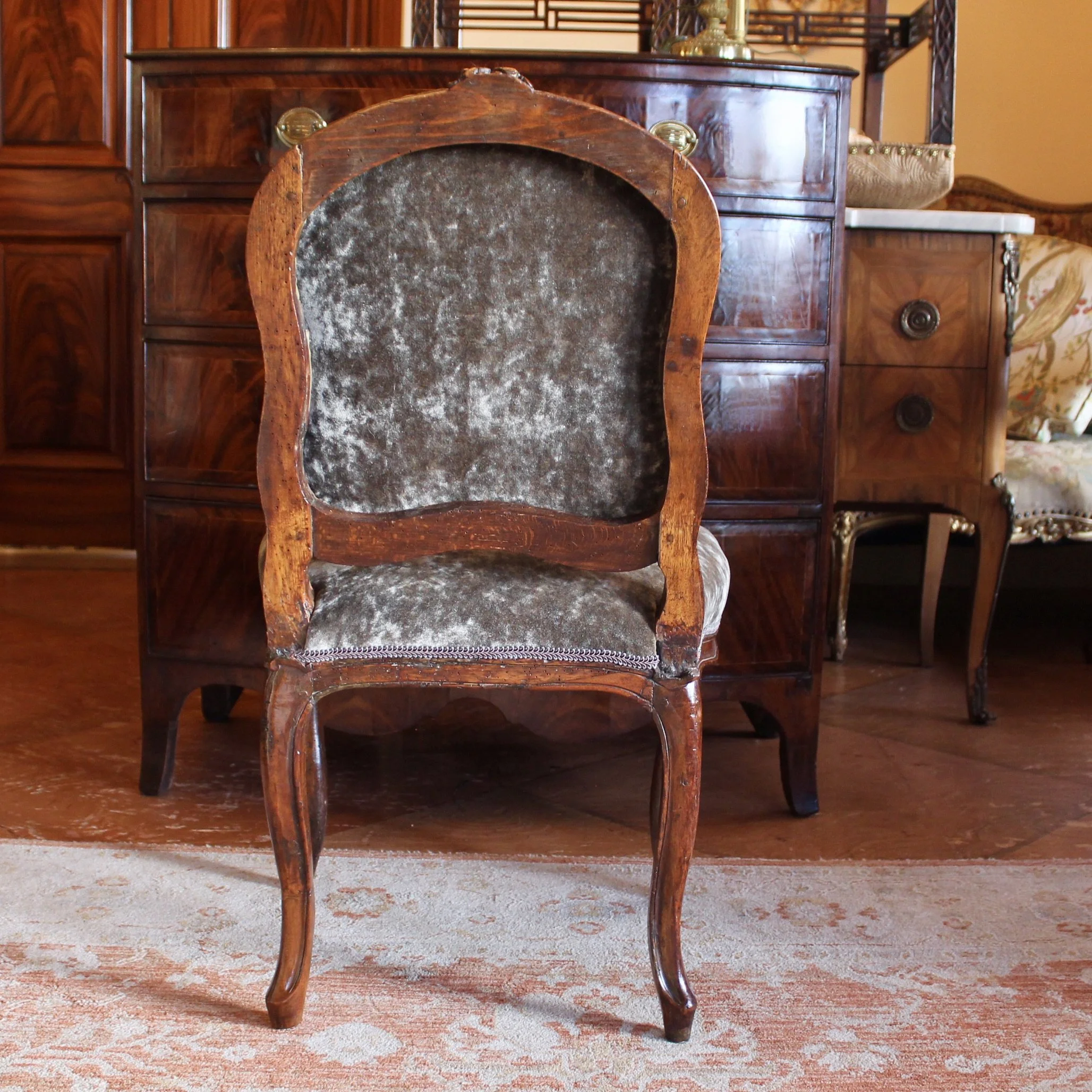 Louis XV Period Slipper Chair, Grey Velvet