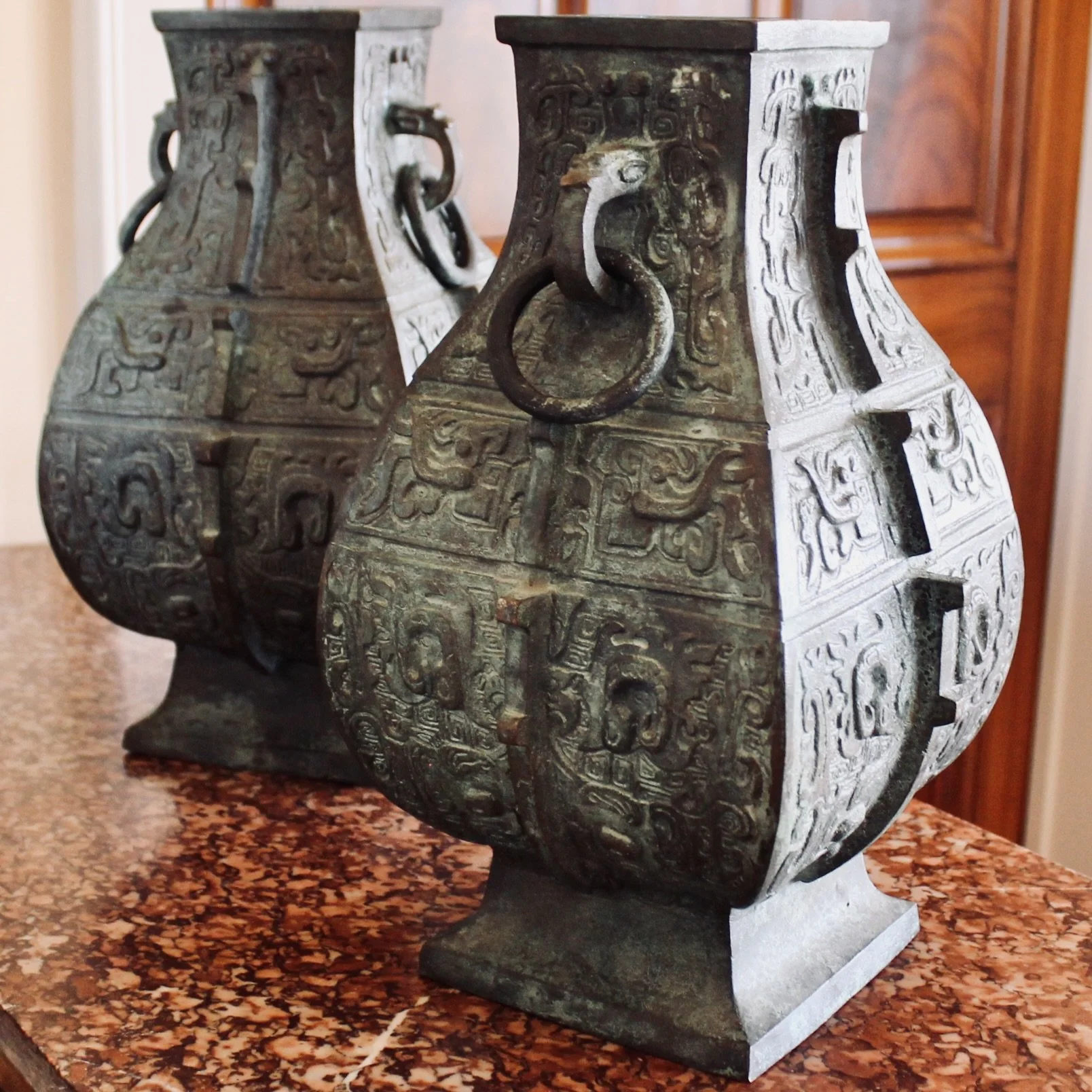 Pair of Chinese Bronze Archaic Style Urns