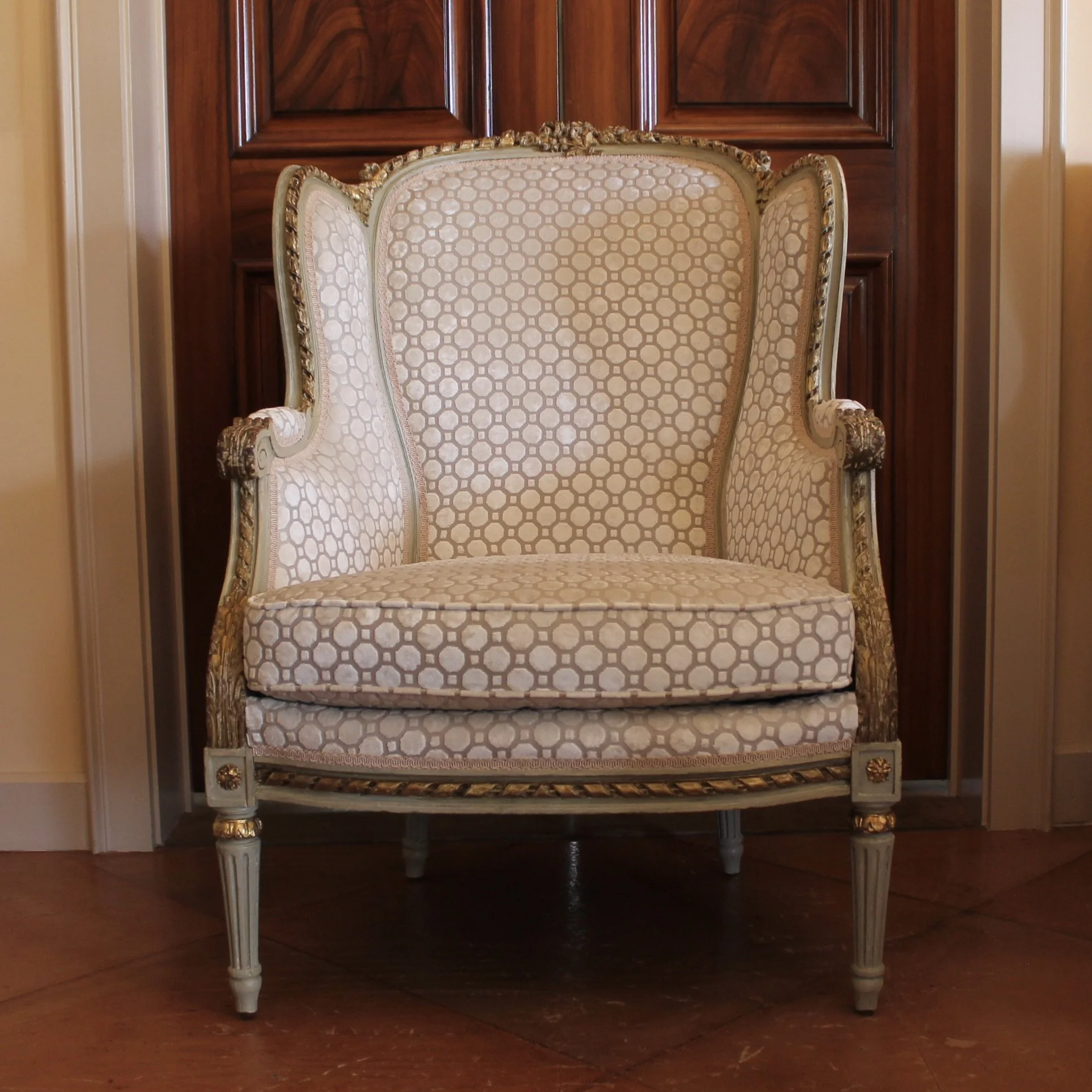 Large French  Painted Gilt Bergère Armchair