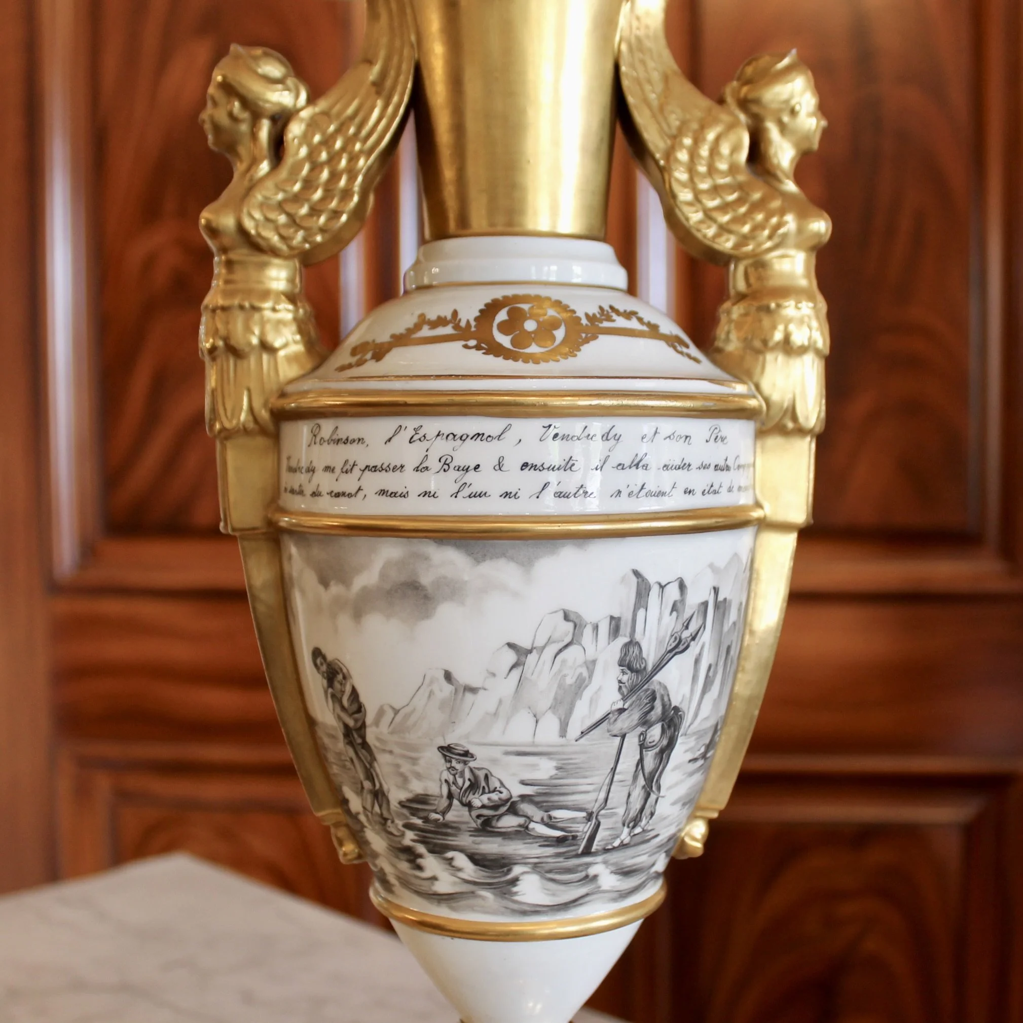 Fine Paris Porcelain Gilt and Grisaille Caryatid Lamp