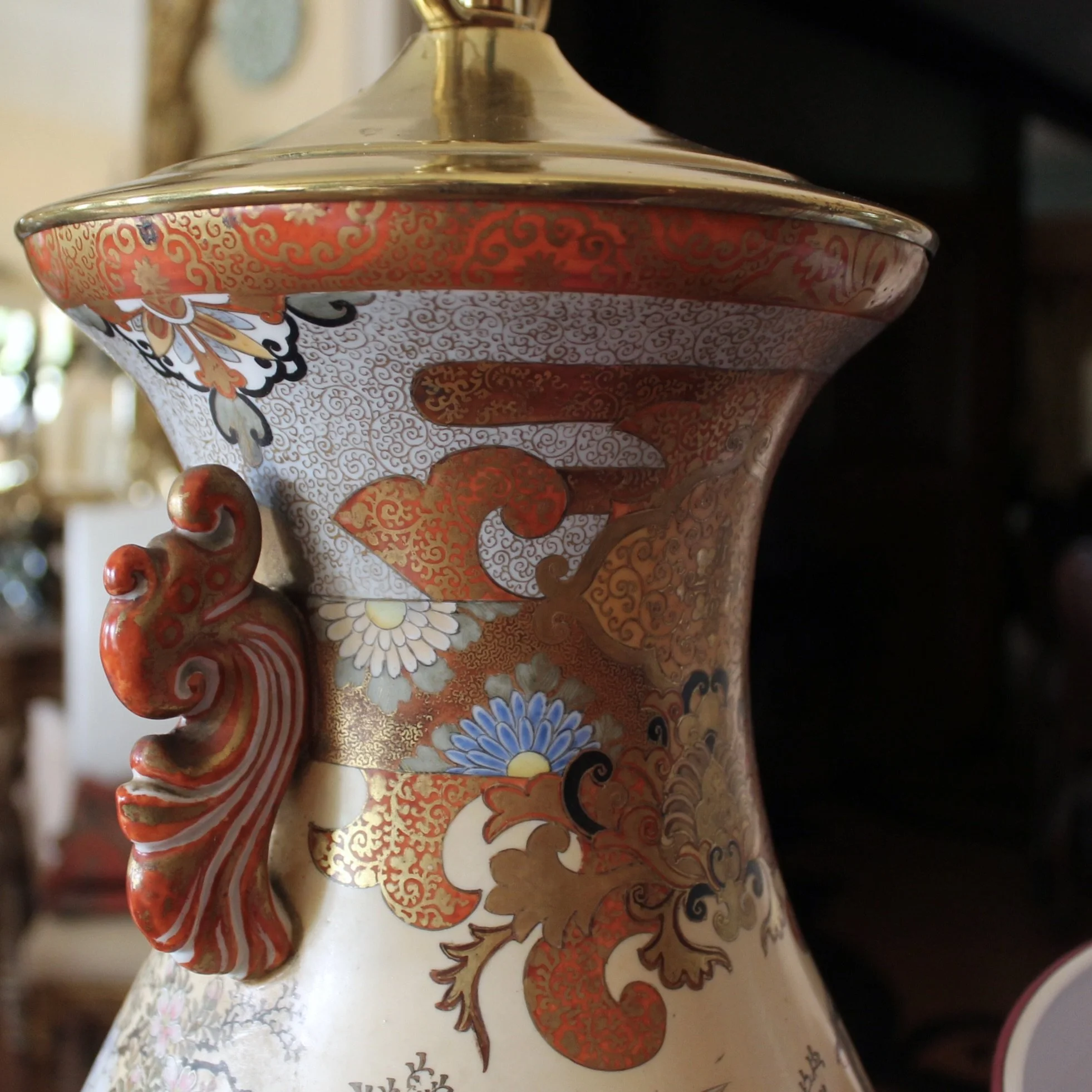 Antique Japanese Kutani Orange and Gilt Lamp