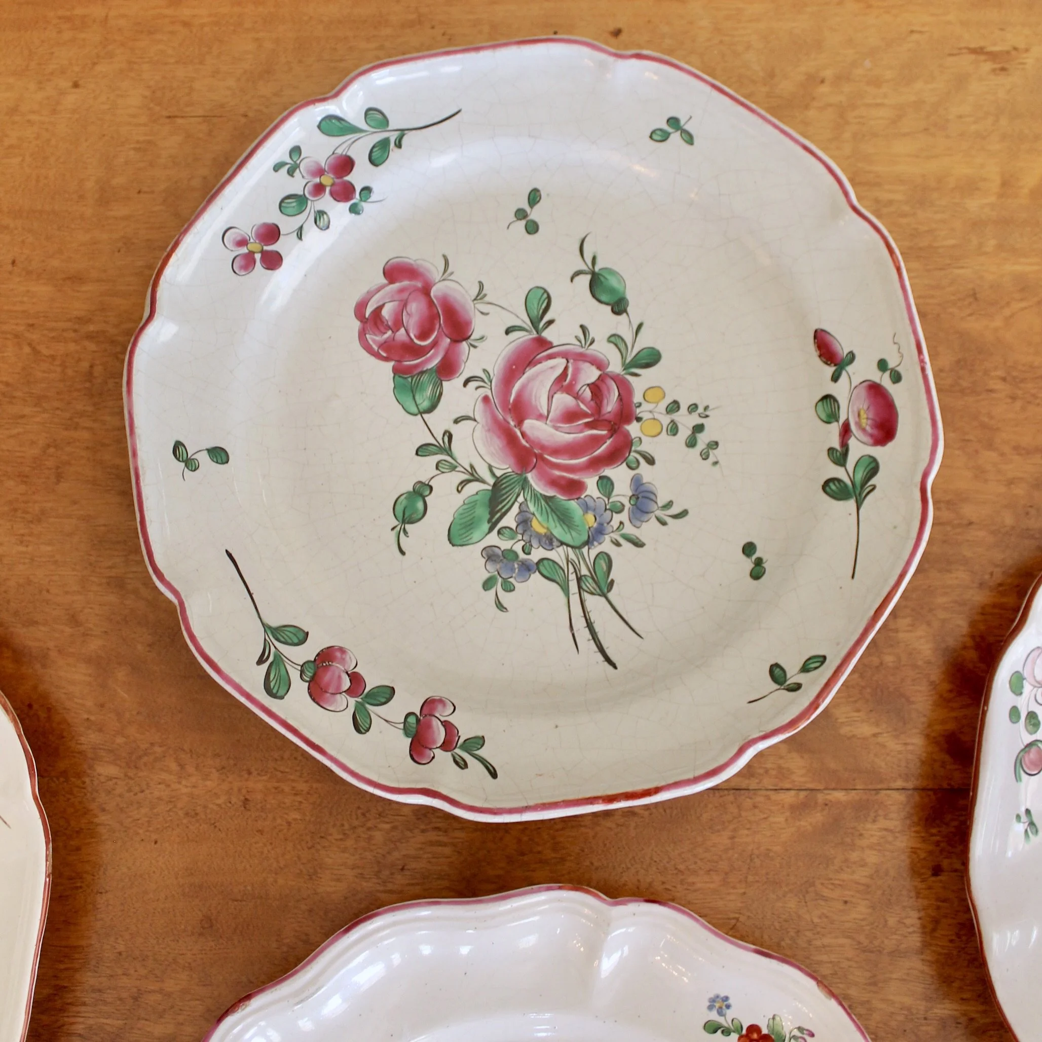 Antique French Faience Plates, Pink Floral