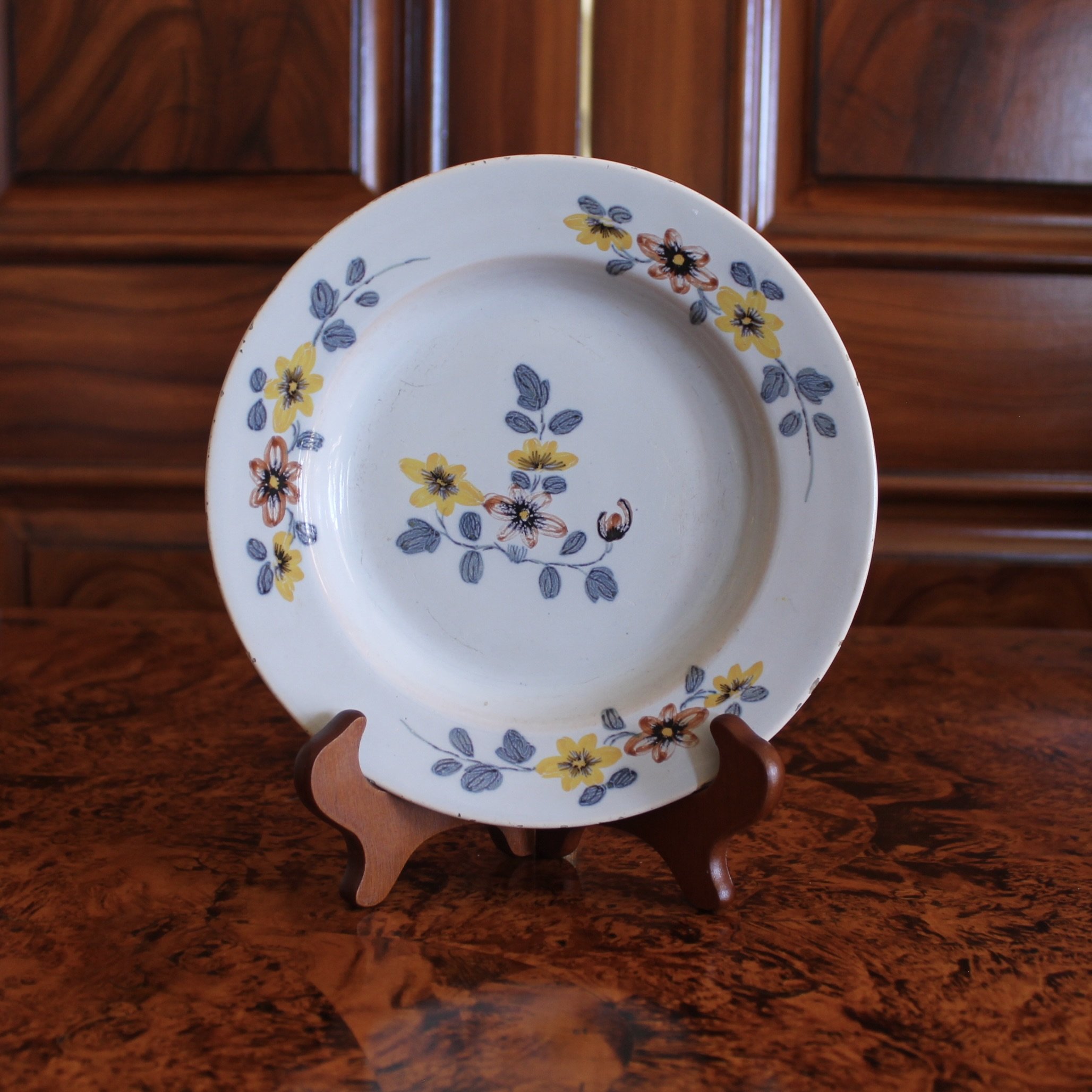 English Delftware Plate, Yellow and Lavender, 18th c.