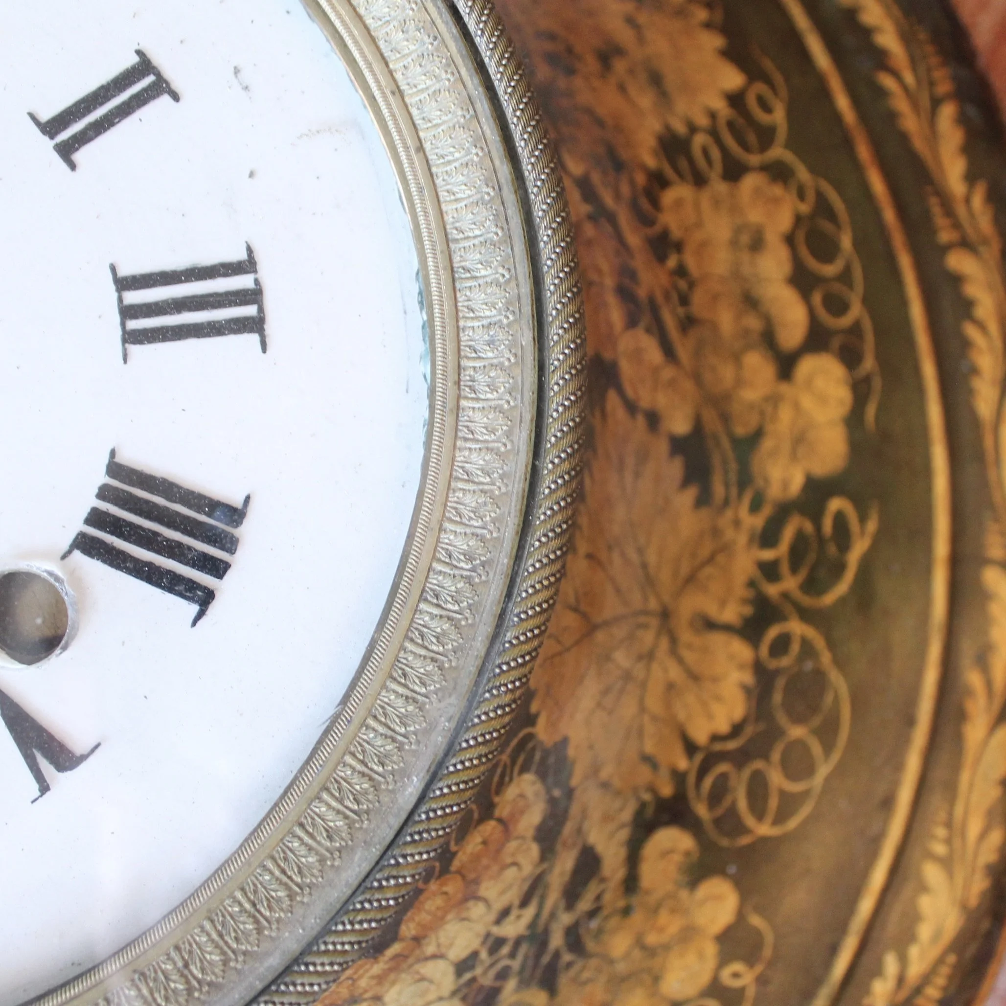 Large French Charles X Painted and Gilded Tôle Clock
