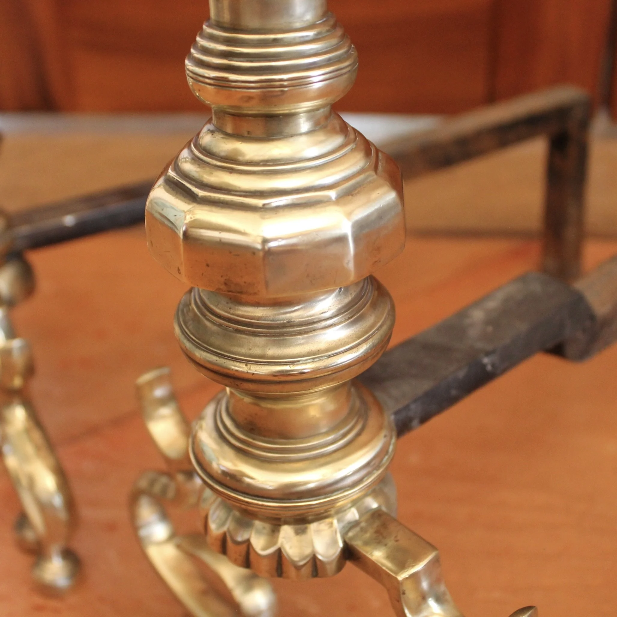 Scroll Footed Antique American Brass Andirons