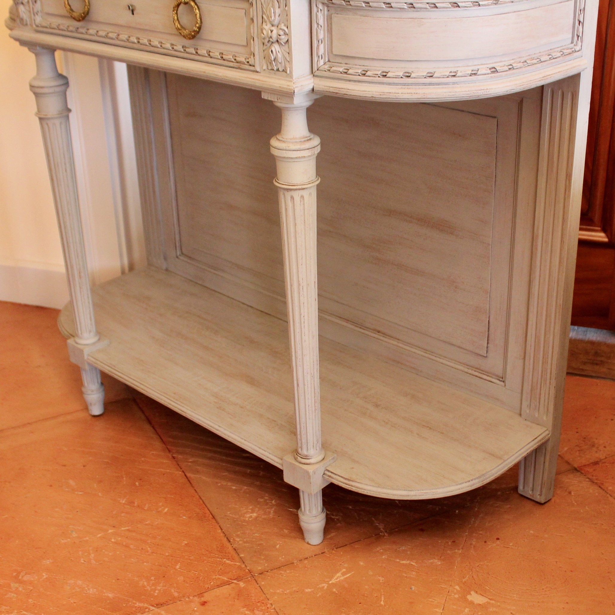 Grey-painted-Louis-XVI-Style-Console-Table-With-Marble-Top