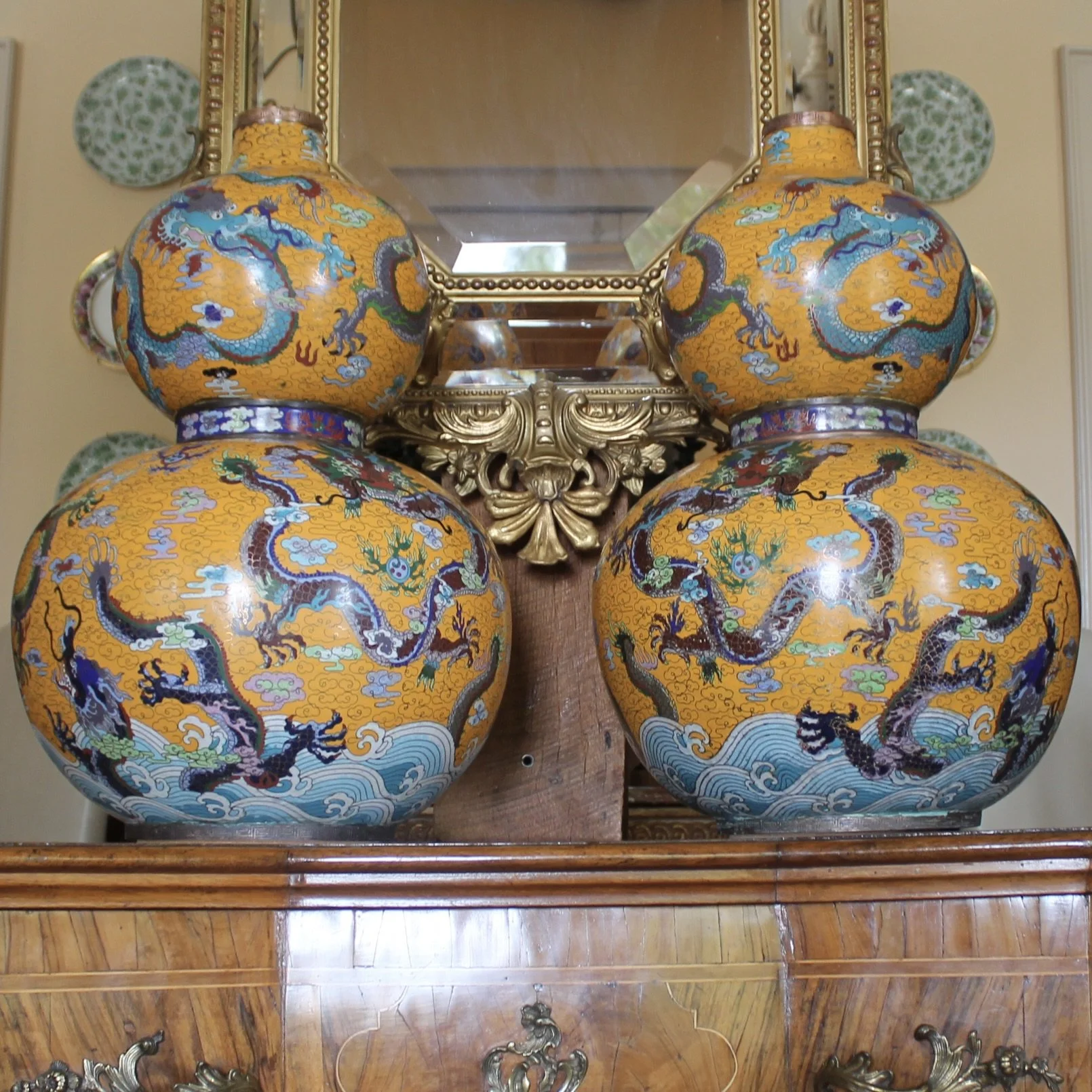 Pair of Yellow Chinese Cloisonné on Copper Double Gourd Vases