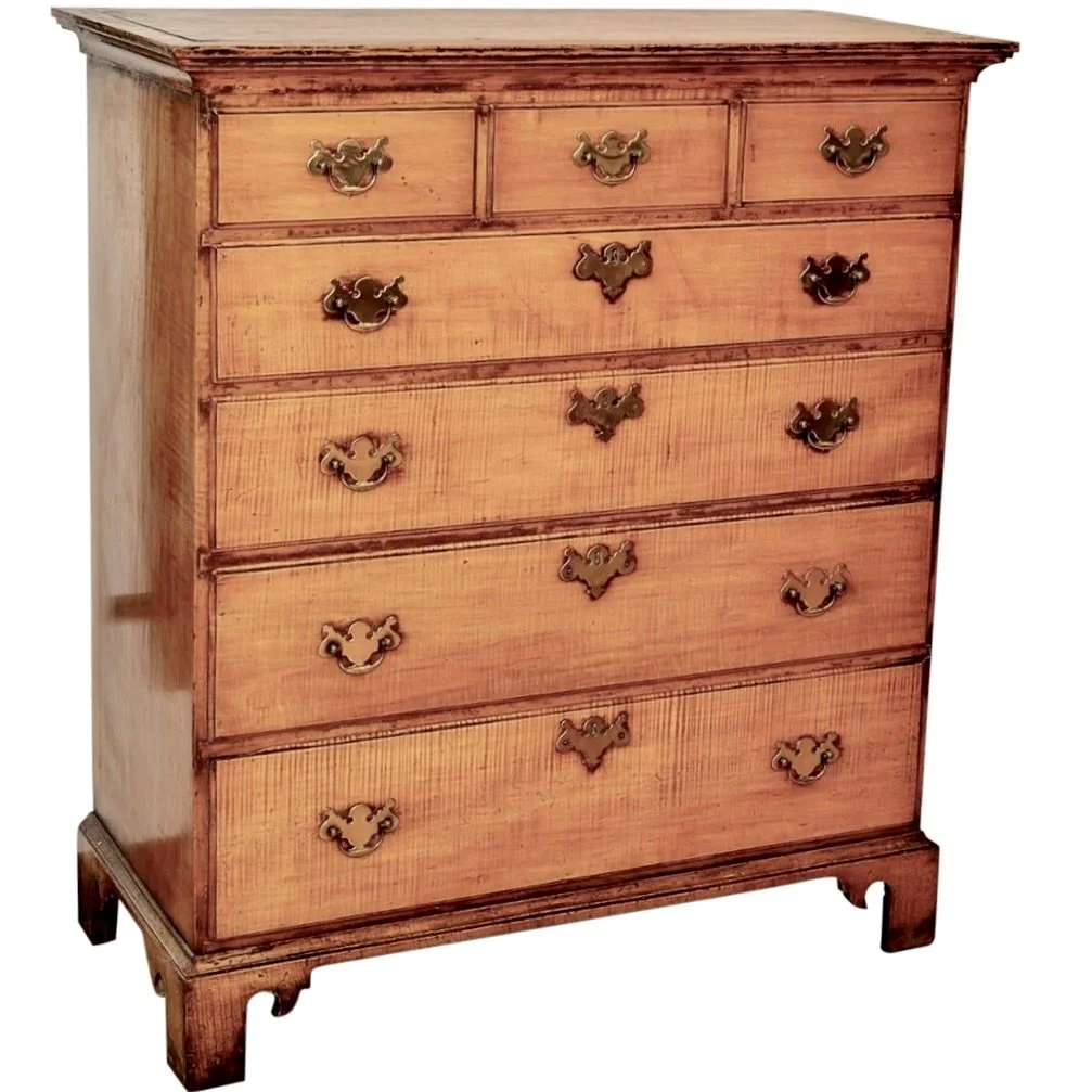 Pair Tall New England Tiger Maple Chippendale Chests of Drawers