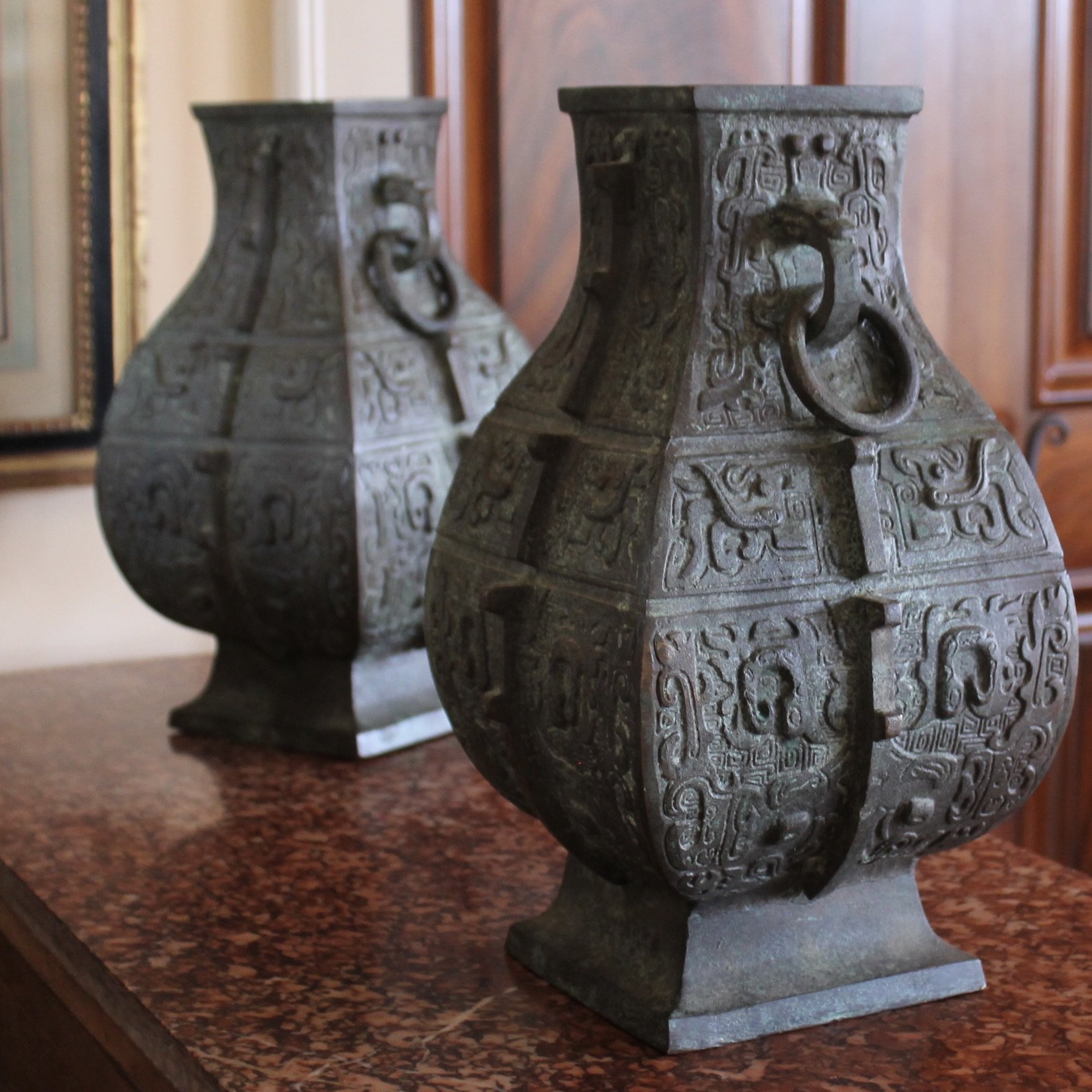 Pair of Chinese Bronze Archaic Style Urns