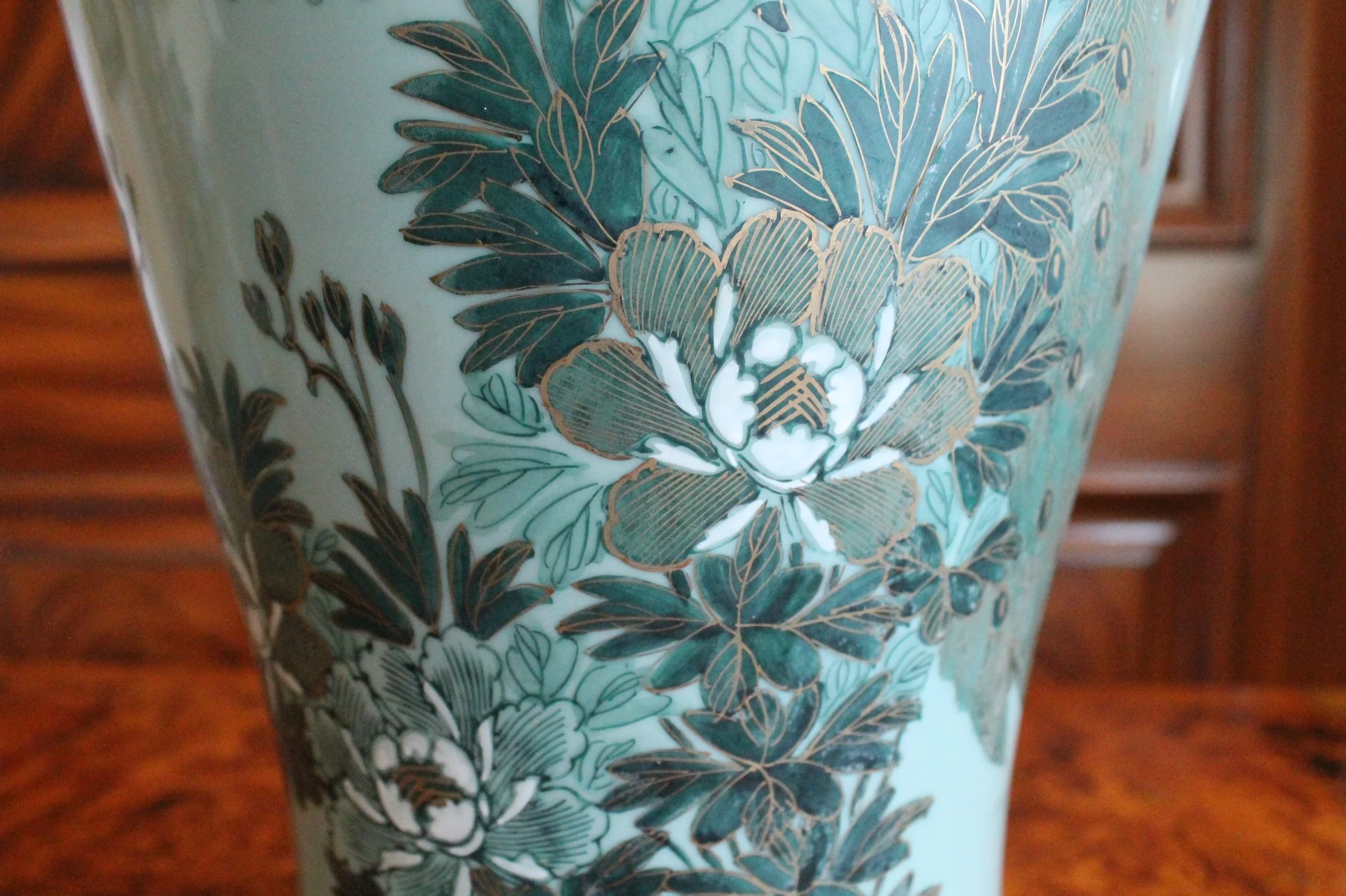 Japanese Satsuma celadon Peacock Lamp