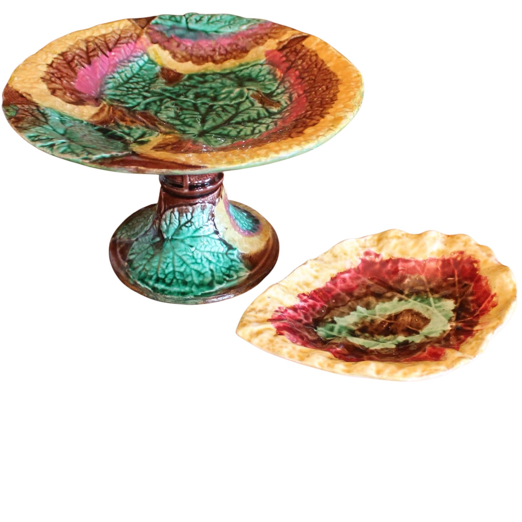 English Begonia Leaf Majolica - Compote and Dish