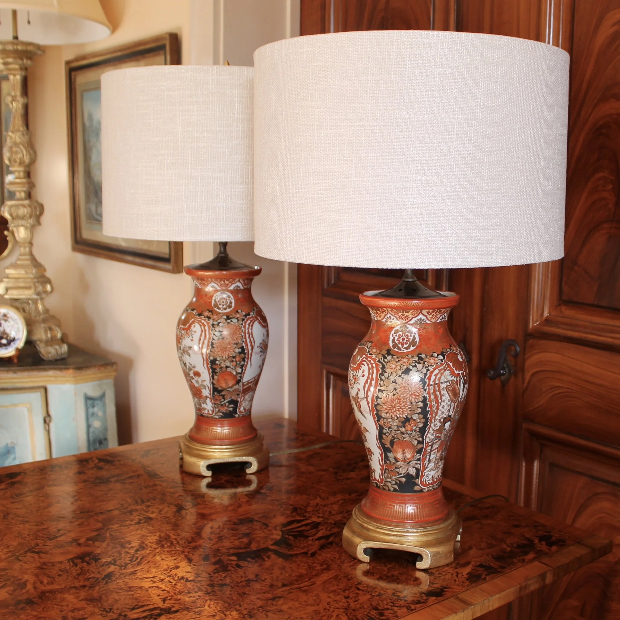 Pair Antique Japanese Kutani Porcelain Vase Lamps