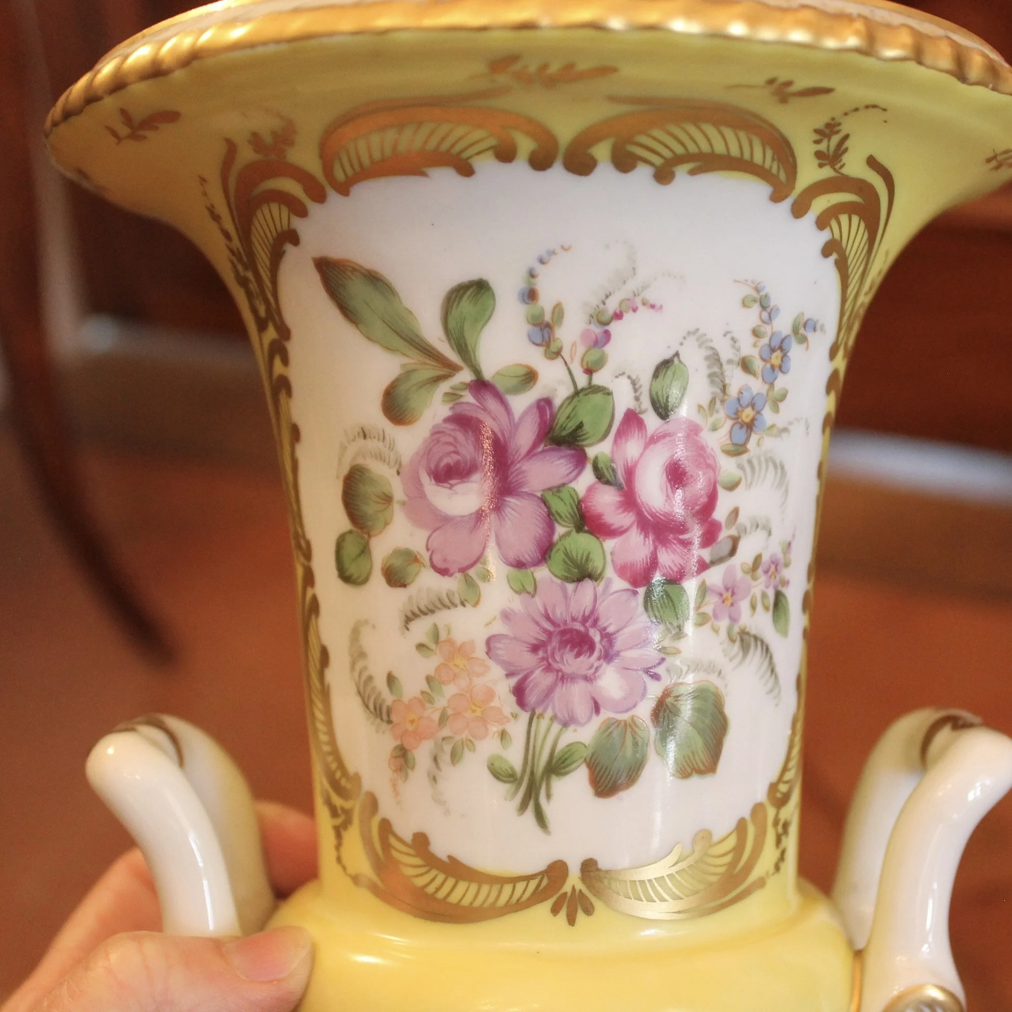 Pair of Paris Porcelain Yellow Glazed and Gilt Urn CACHEPOTS