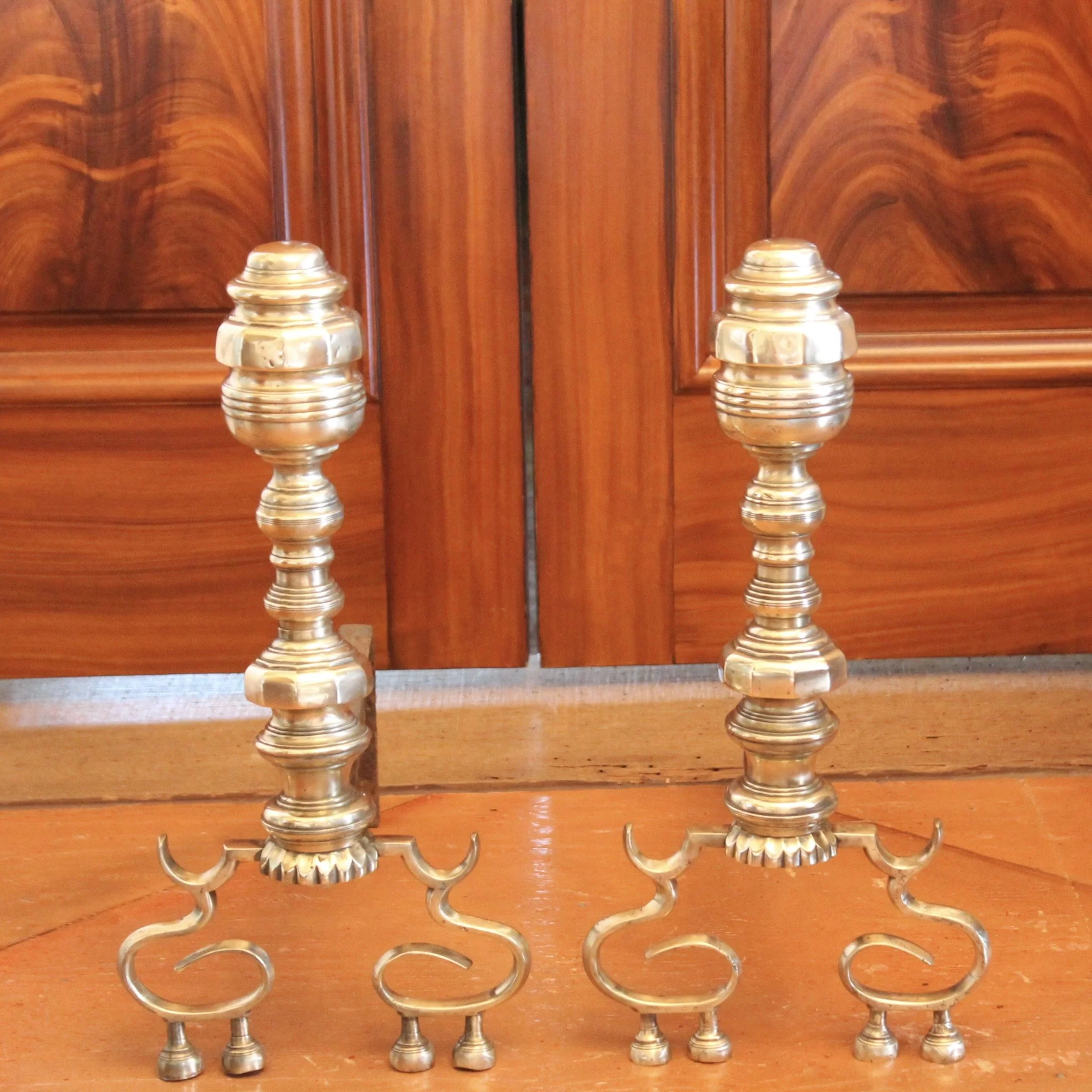 Scroll Footed Antique American Brass Andirons