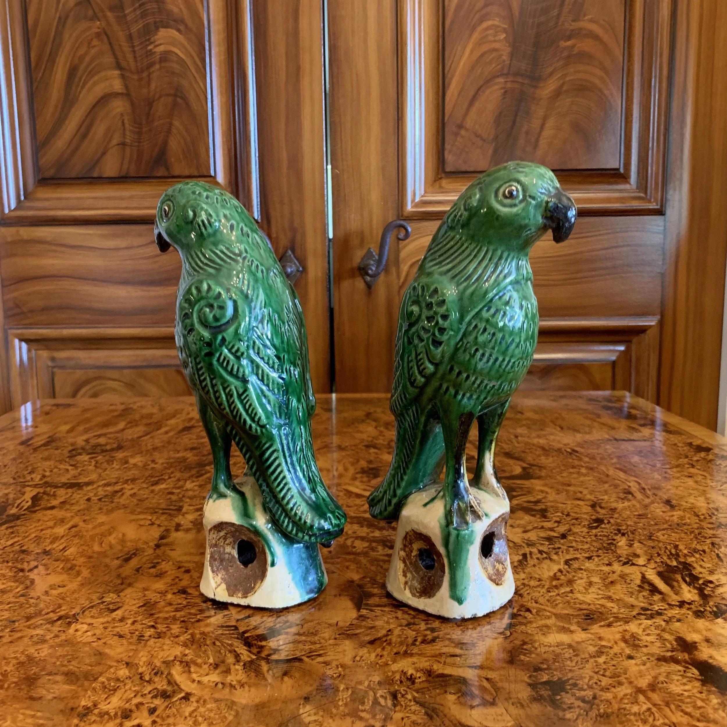 Pair of Antique Sancai Glazed Chinese Export Parrots