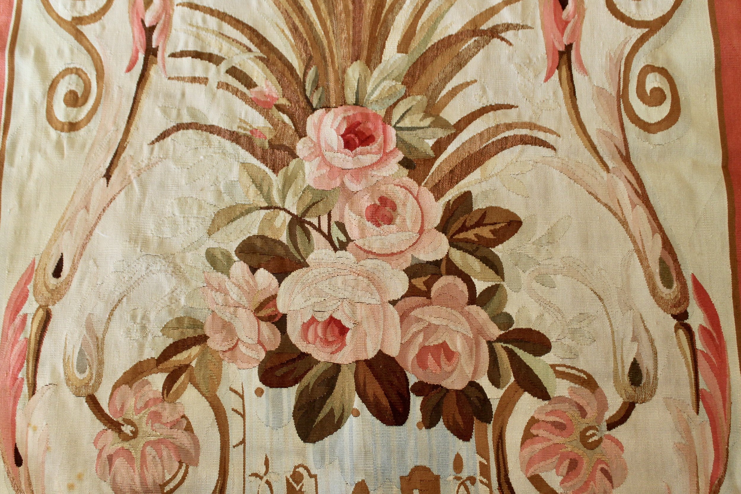 French Aubusson Floral Wall Tapestry in Coral, Rose and Sage Green