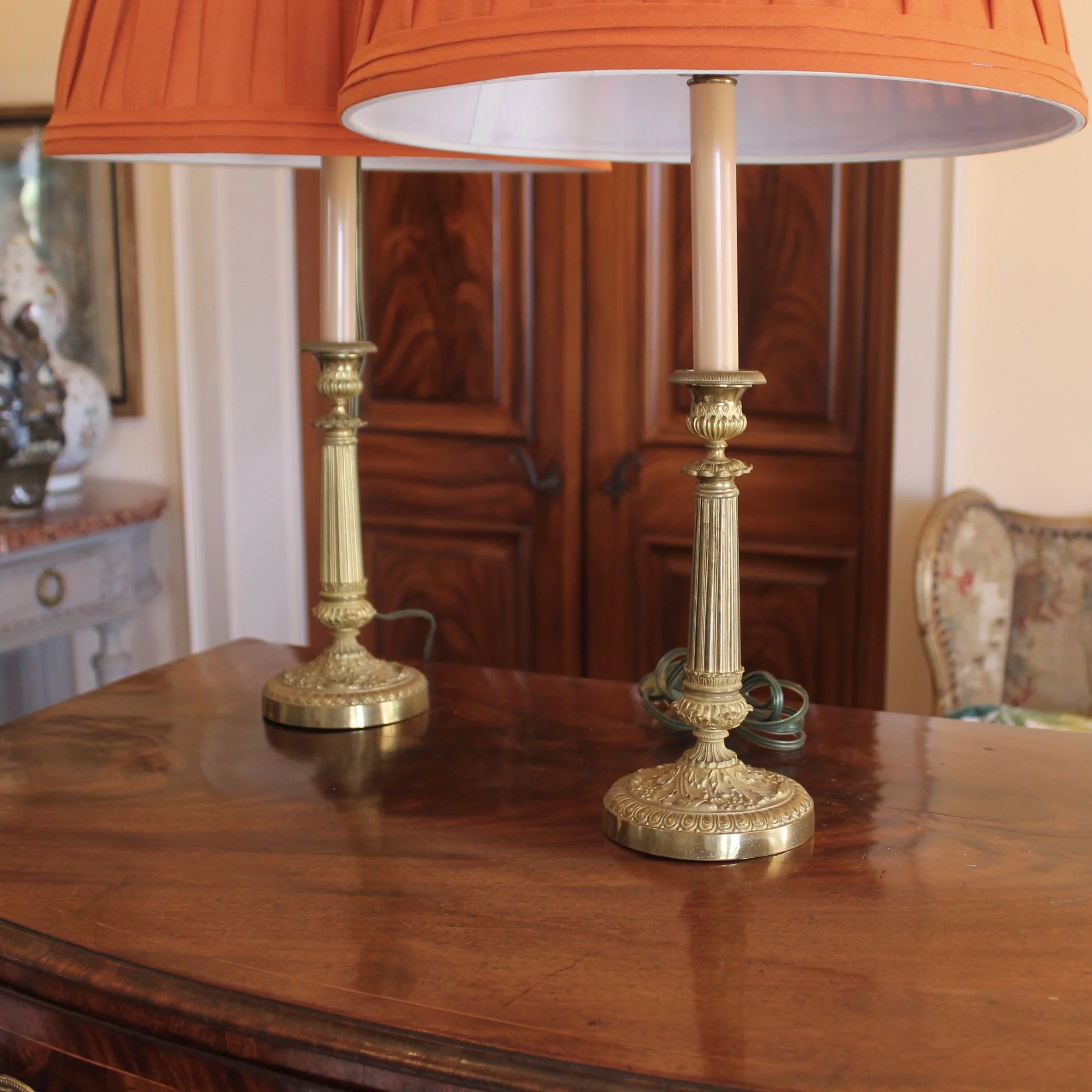 French Gilt Bronze Charles X / Empire Candlestick Lamps