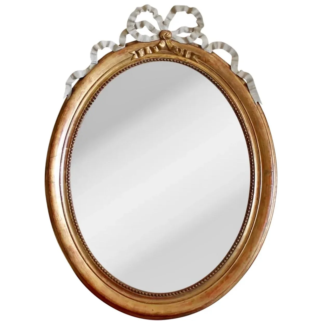 Large Oval French Giltwood Mirror with Ribbon Crest, 19th Century