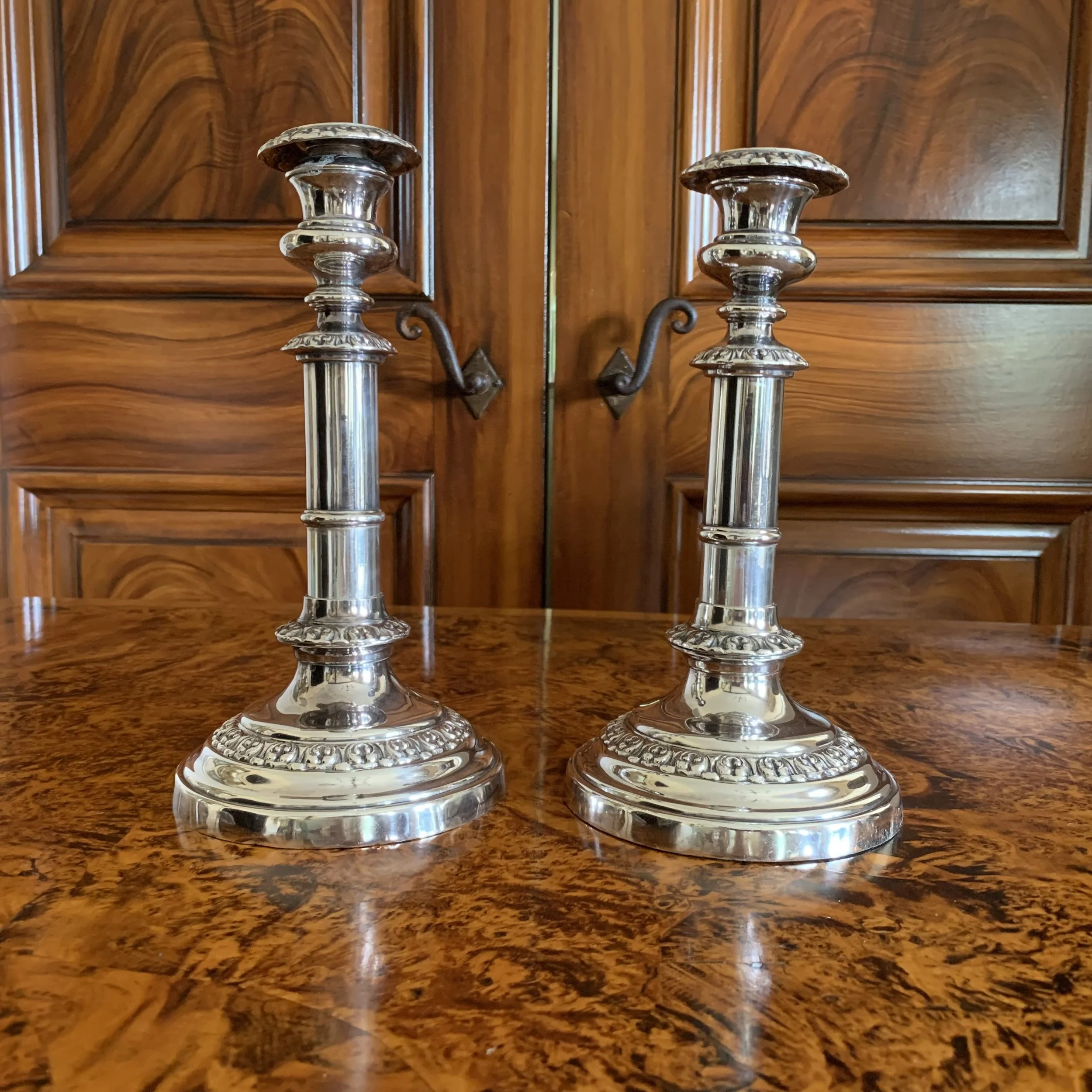 English Sheffield Silver Telescopic Candlesticks
