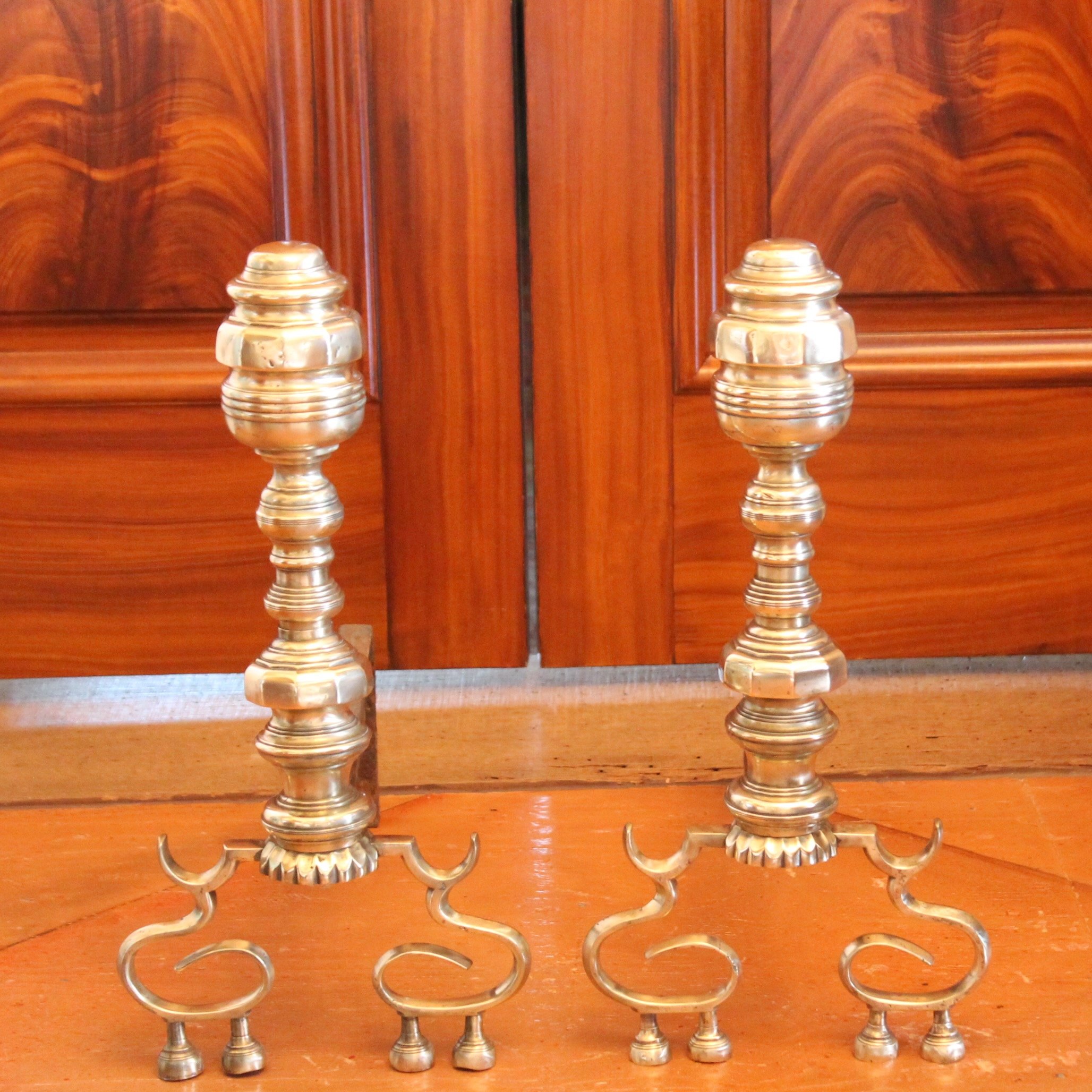 Scroll Footed Antique American Brass Andirons