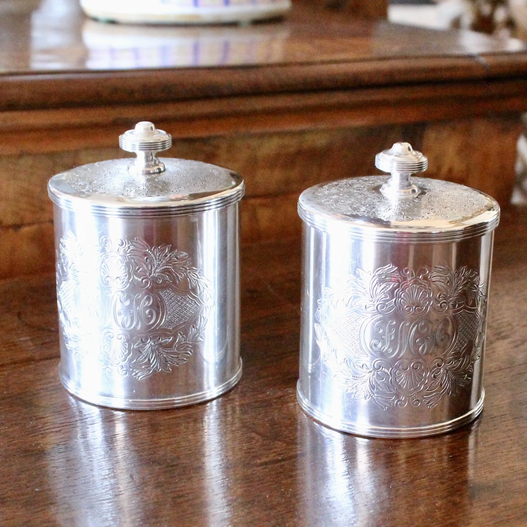 Pair of English Silver Plate Tea Caddies, Henry Birks and Sons