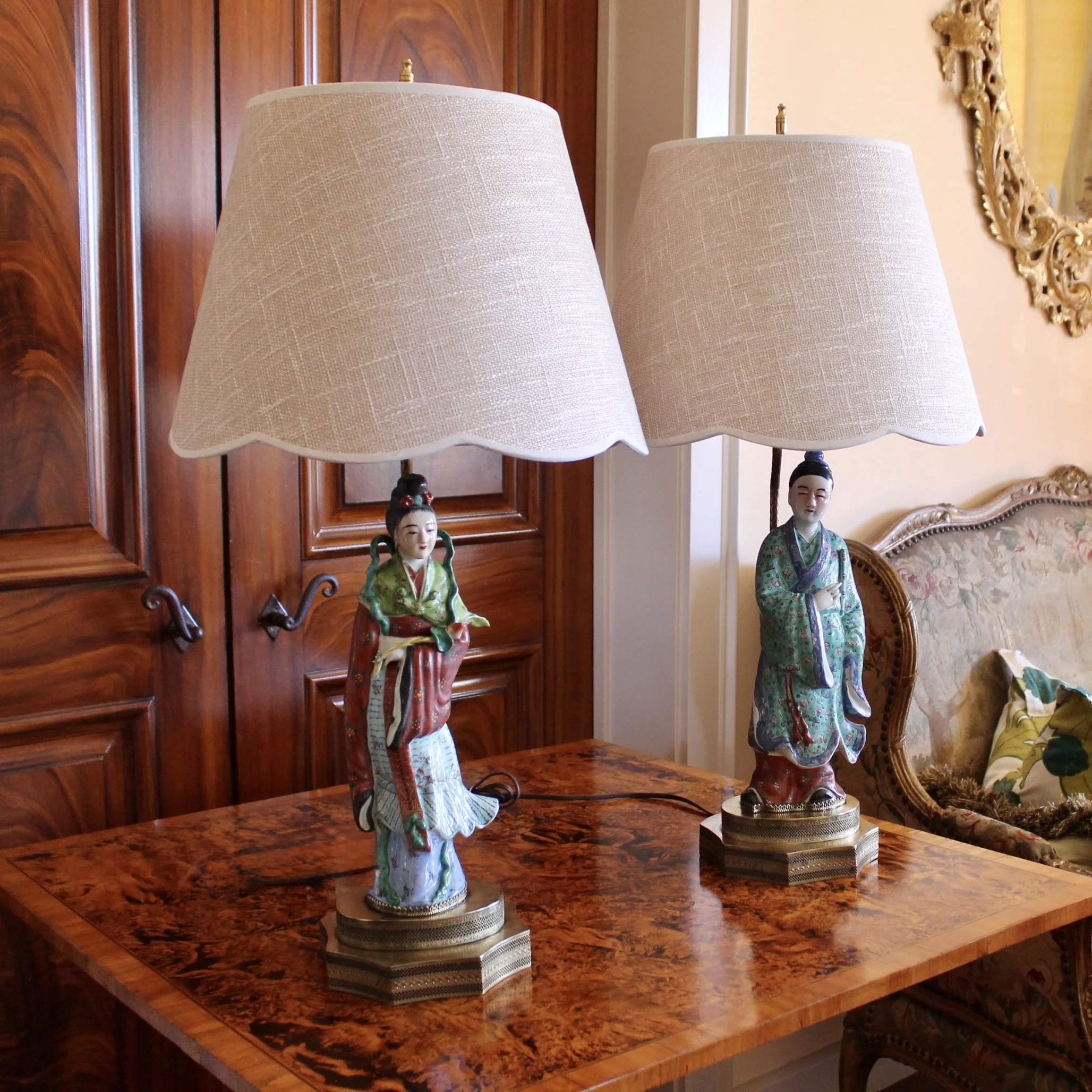 Antique Chinoiserie Porcelain Figure Lamps, Pair