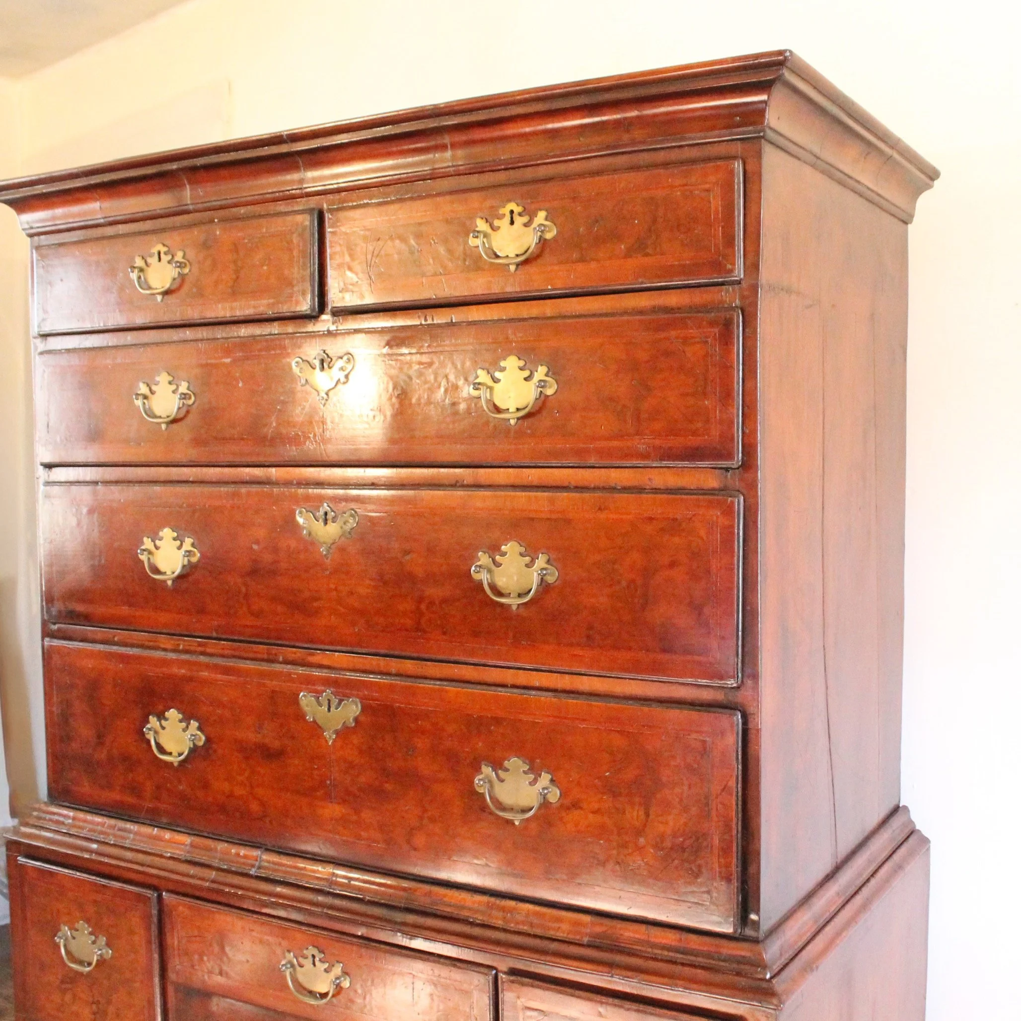 early-georgian-antique-english-burl-walnut-highboy-chest-on-stand (9) front