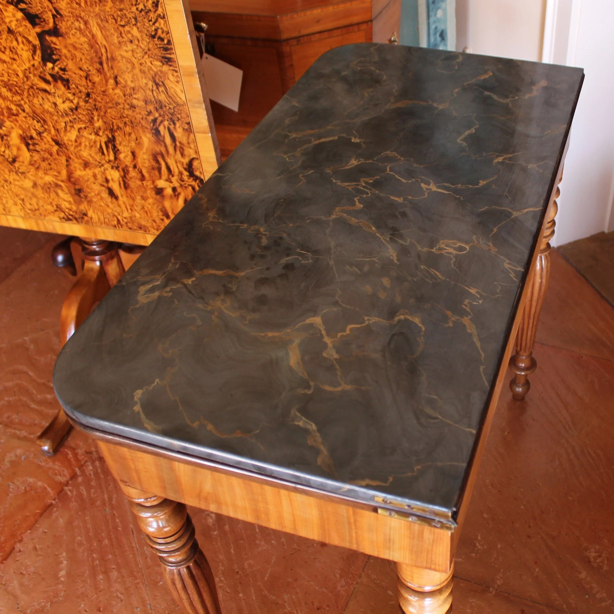 French-Faux-Marble-Top-Painted-Mahogany-Console-Table-Game-Table-top-detail