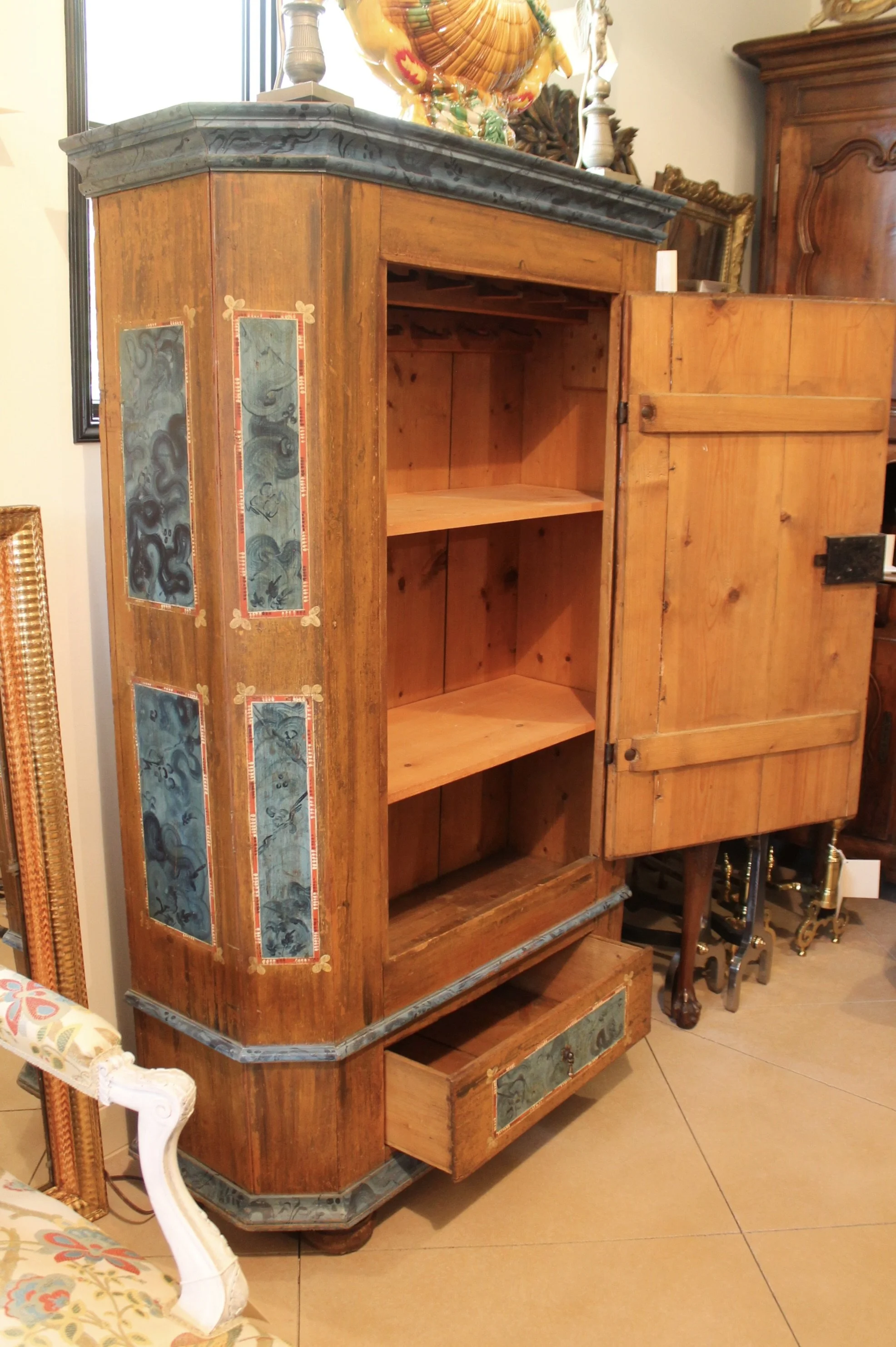 Swedish Antique Painted Armoire Cabinet in Turquoise and Ochre