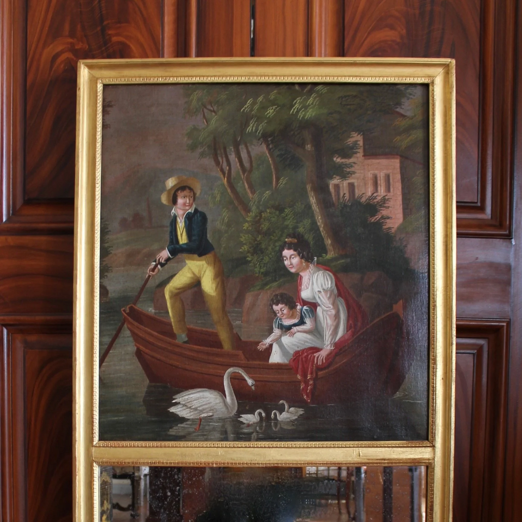 Continental-Trumeau-Gilt-Framed-Mirror-“Boating With Swans” -19th-Century