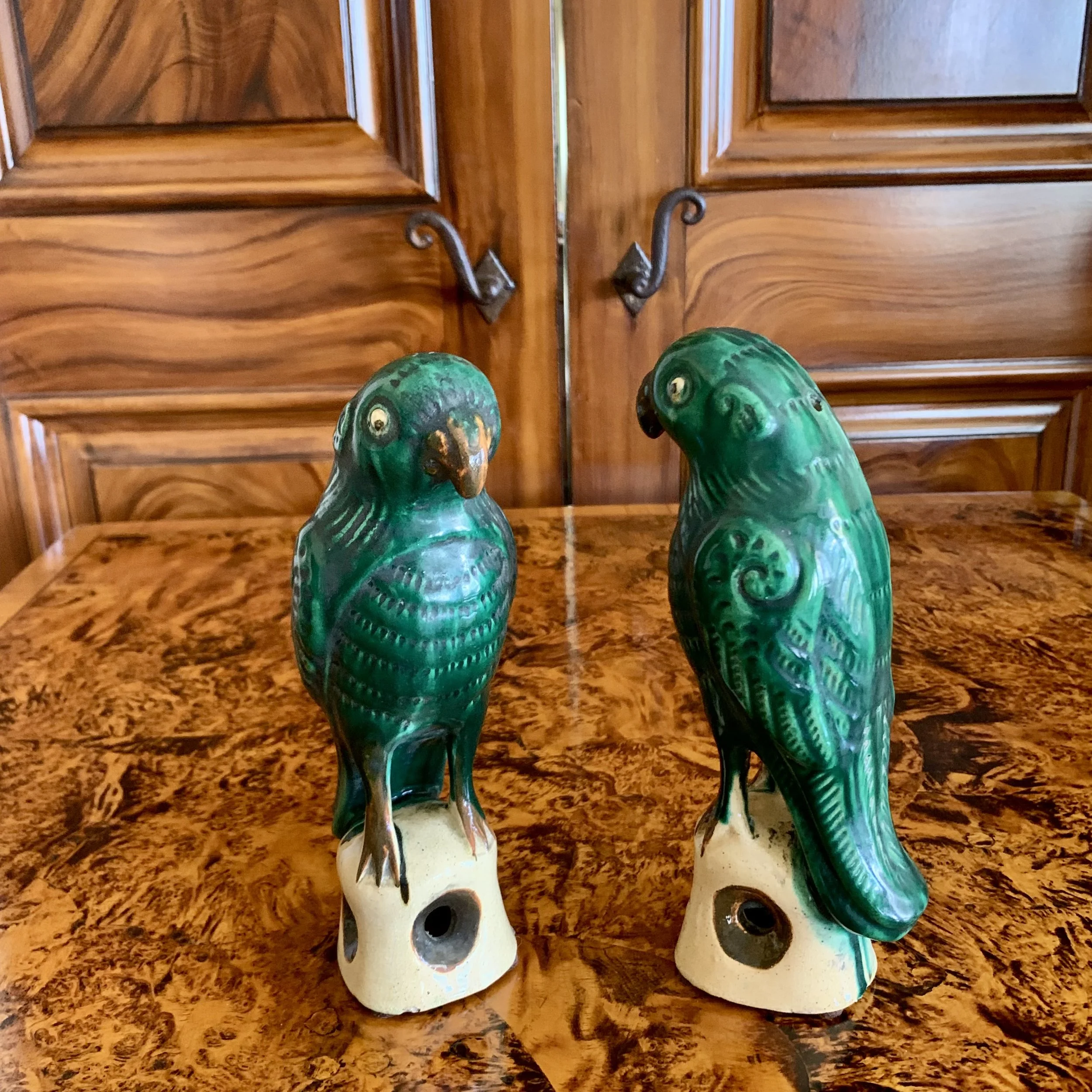 Pair of Antique Sancai Glazed Chinese Export Parrots