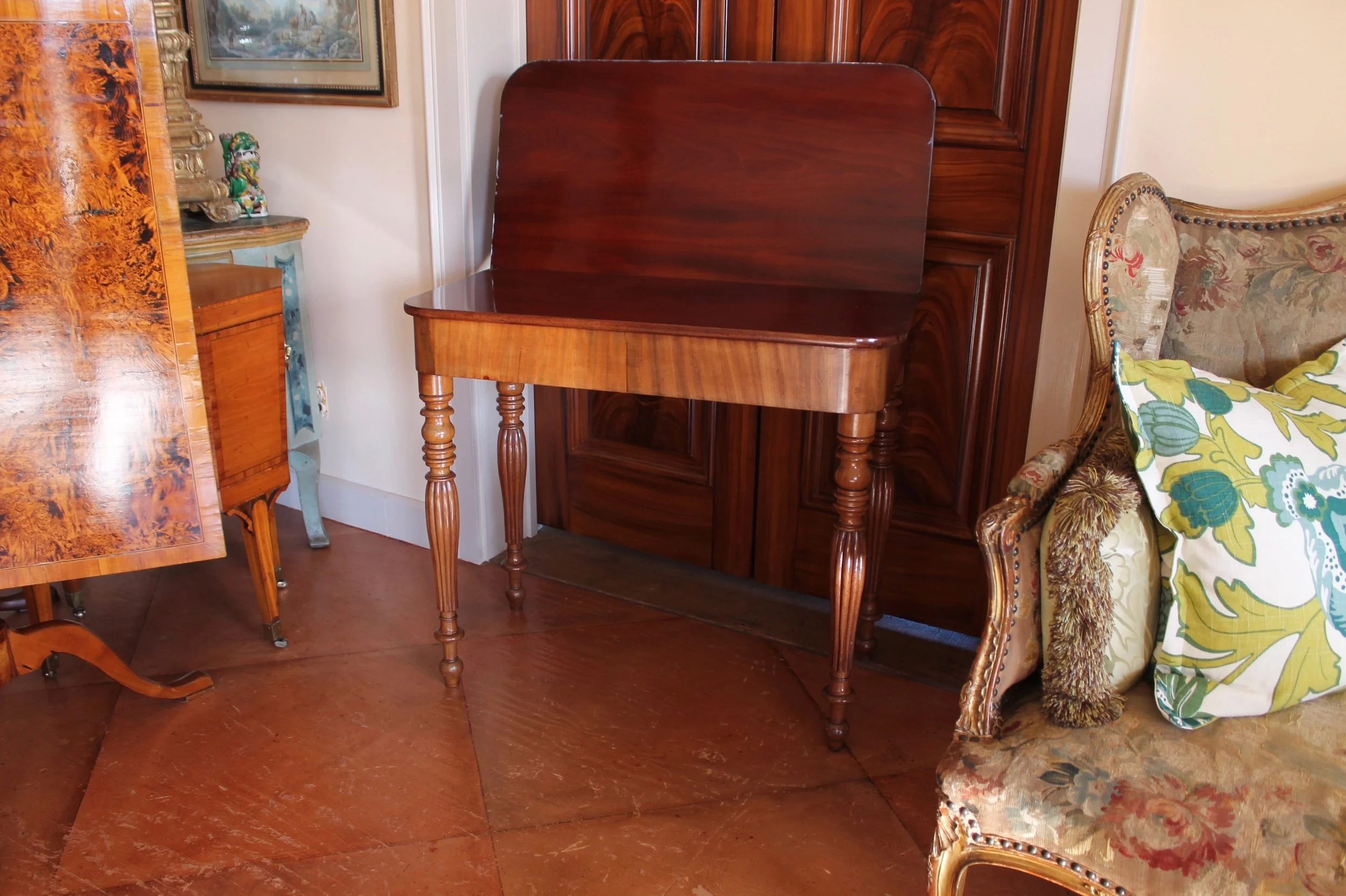 French-Faux-Marble-Top-Painted-Mahogany-Console-Table-Game-Table-open