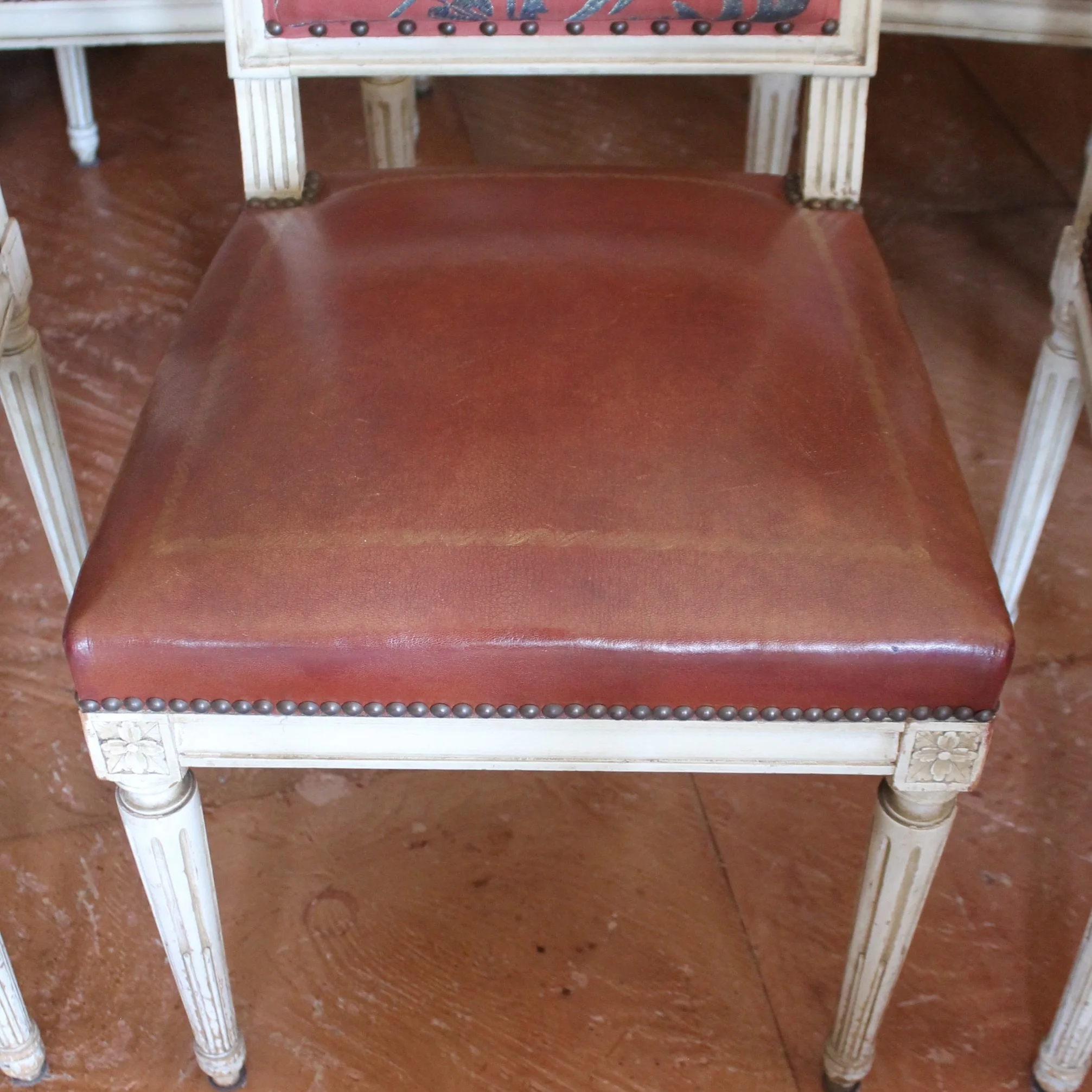 Set of Six French Painted Dining Chairs, Louis XVI Style