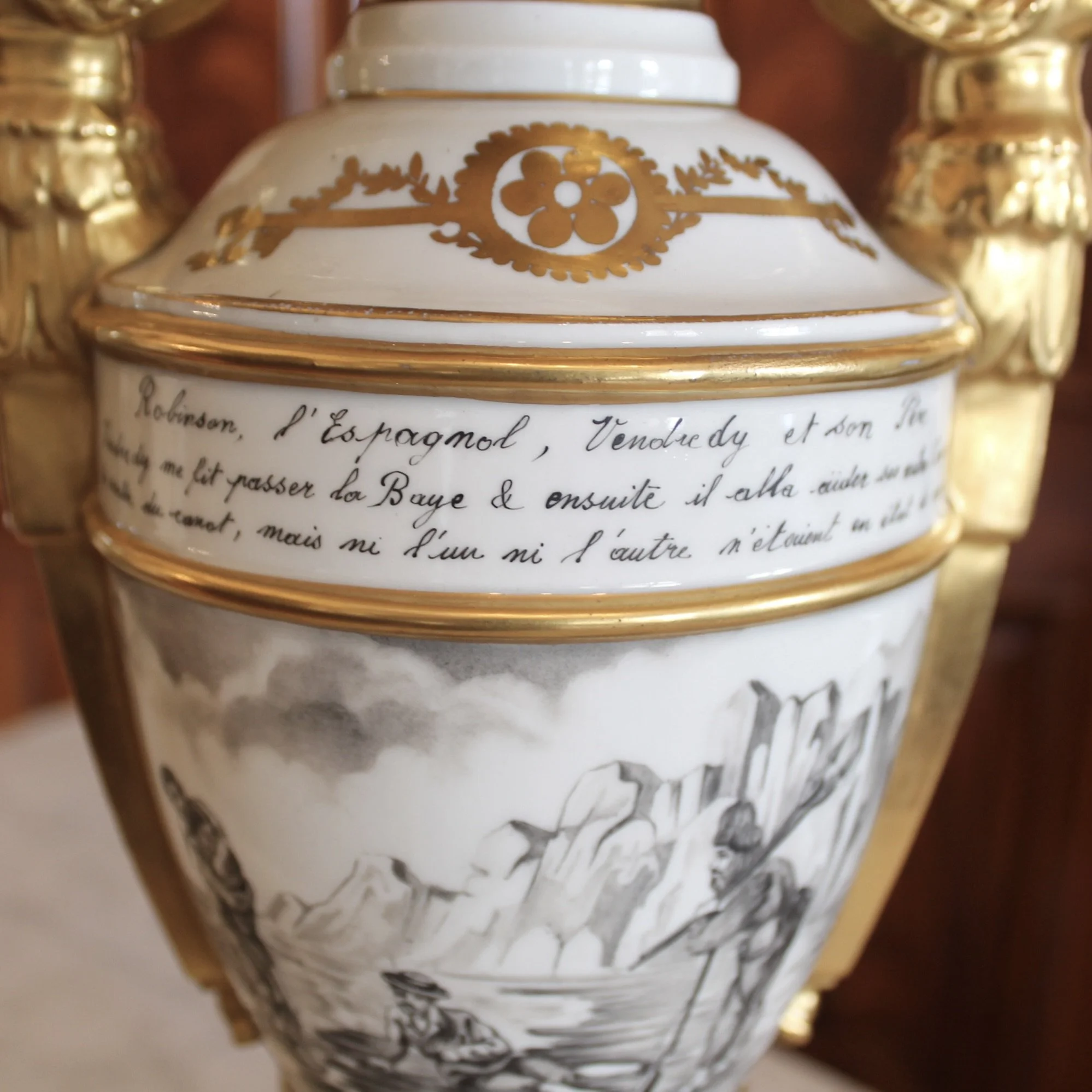 Fine Paris Porcelain Gilt and Grisaille Caryatid Lamp