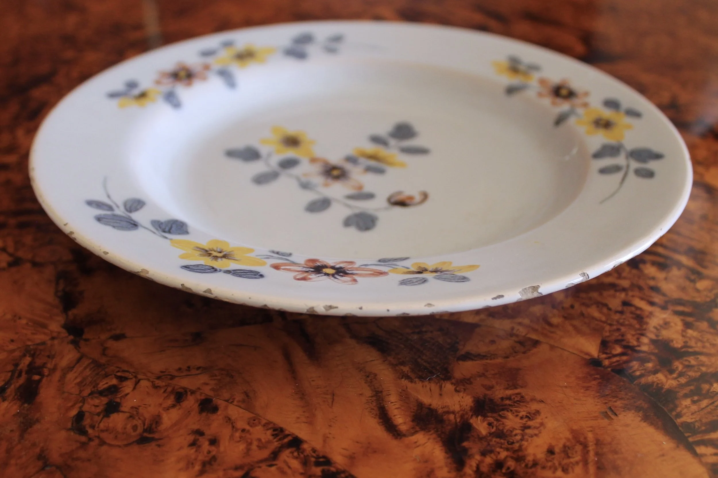 English Delftware Plate, Yellow and Lavender, 18th c.
