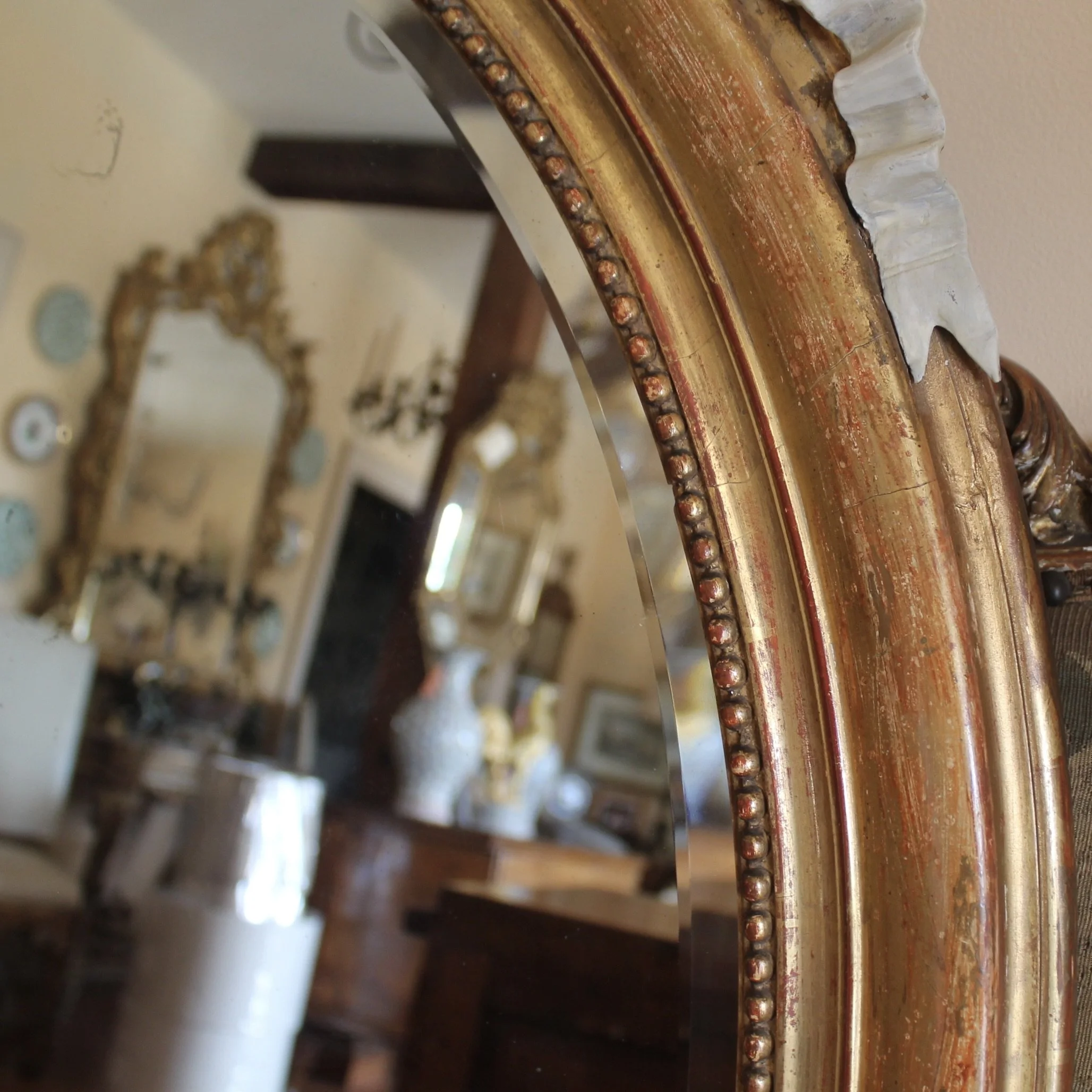 Large Oval French Giltwood Antique Mirror