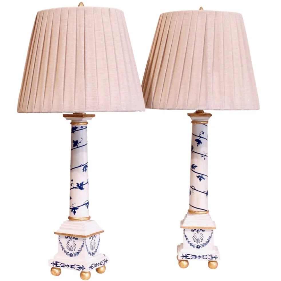Pair Neoclassical Painted Blue and White Lamps