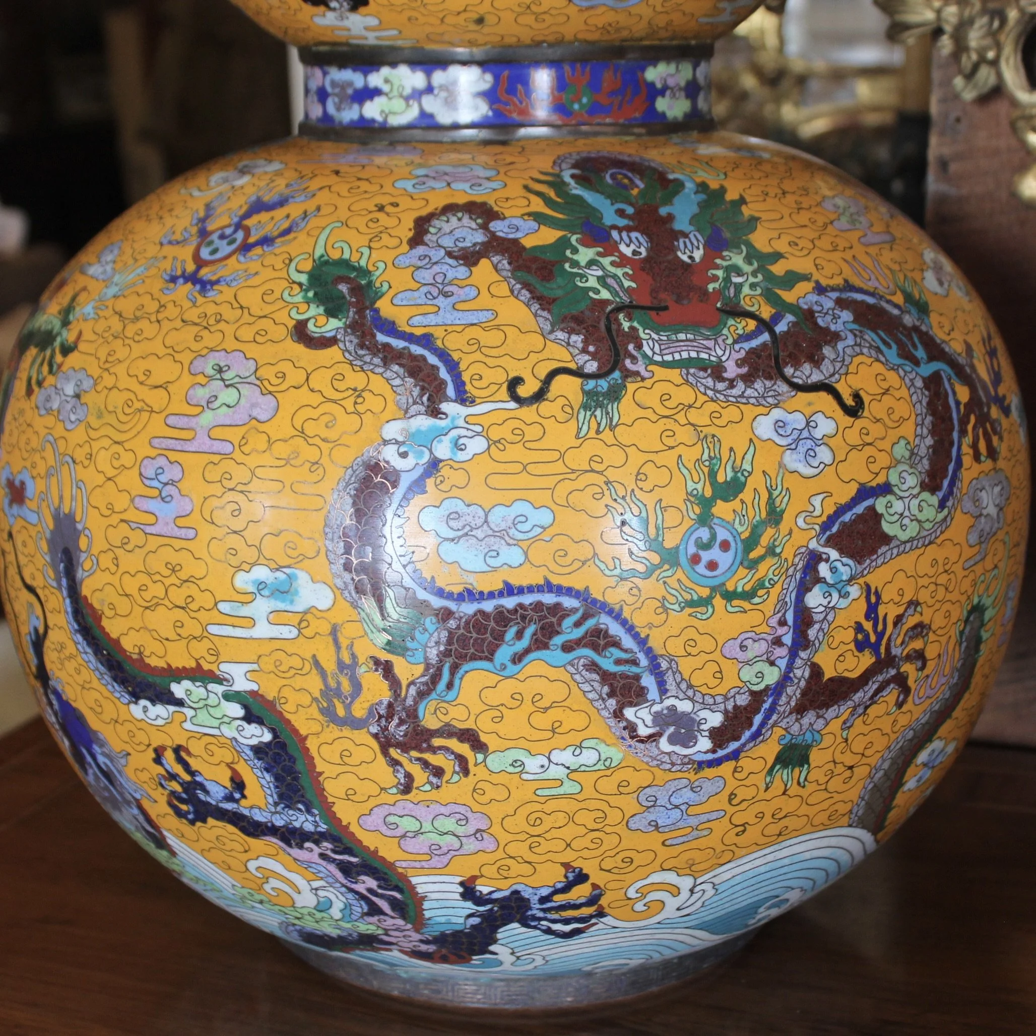 Pair of Yellow Chinese Cloisonné on Copper Double Gourd Vases