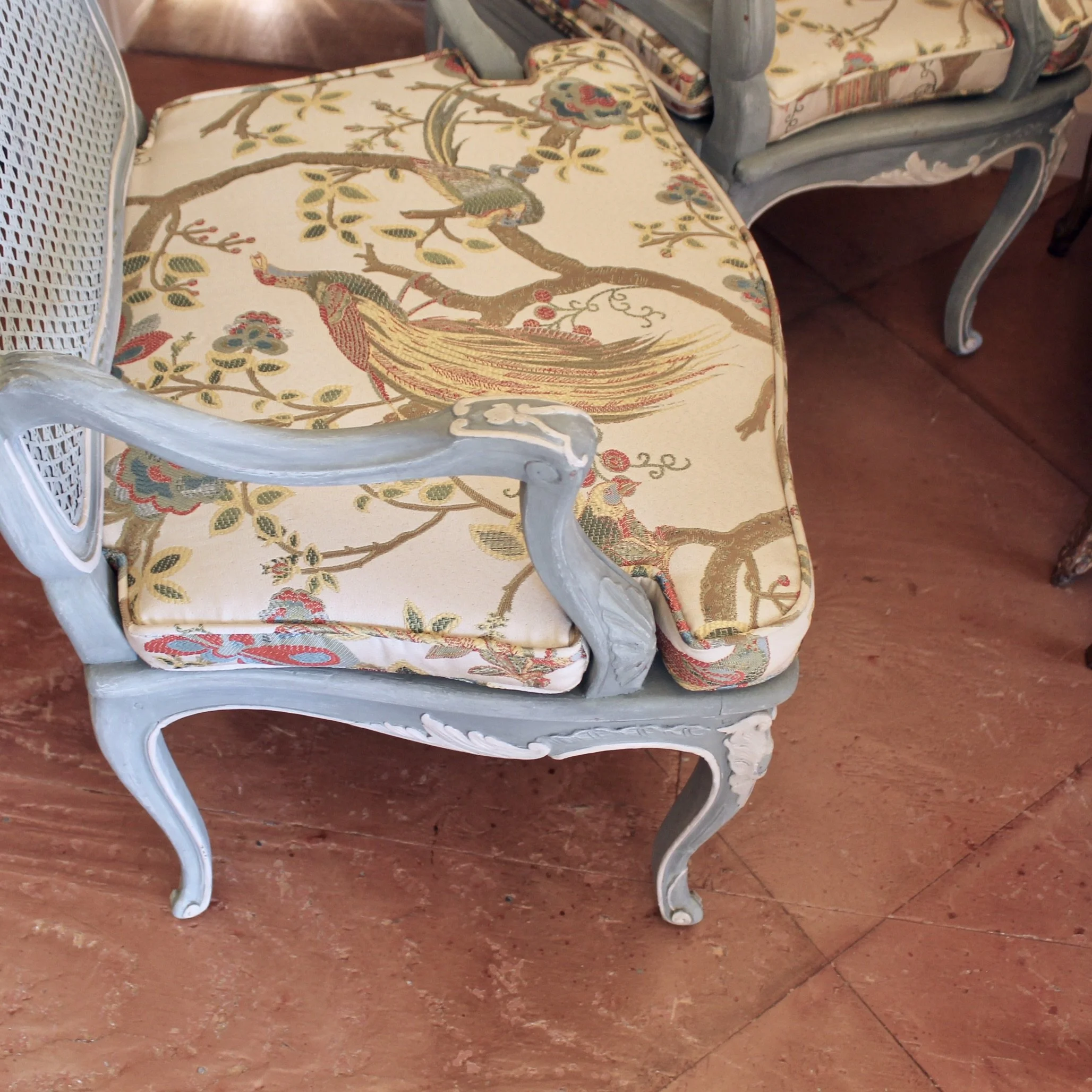 Pair of French Provincial Armchairs in Blue Painted Finish