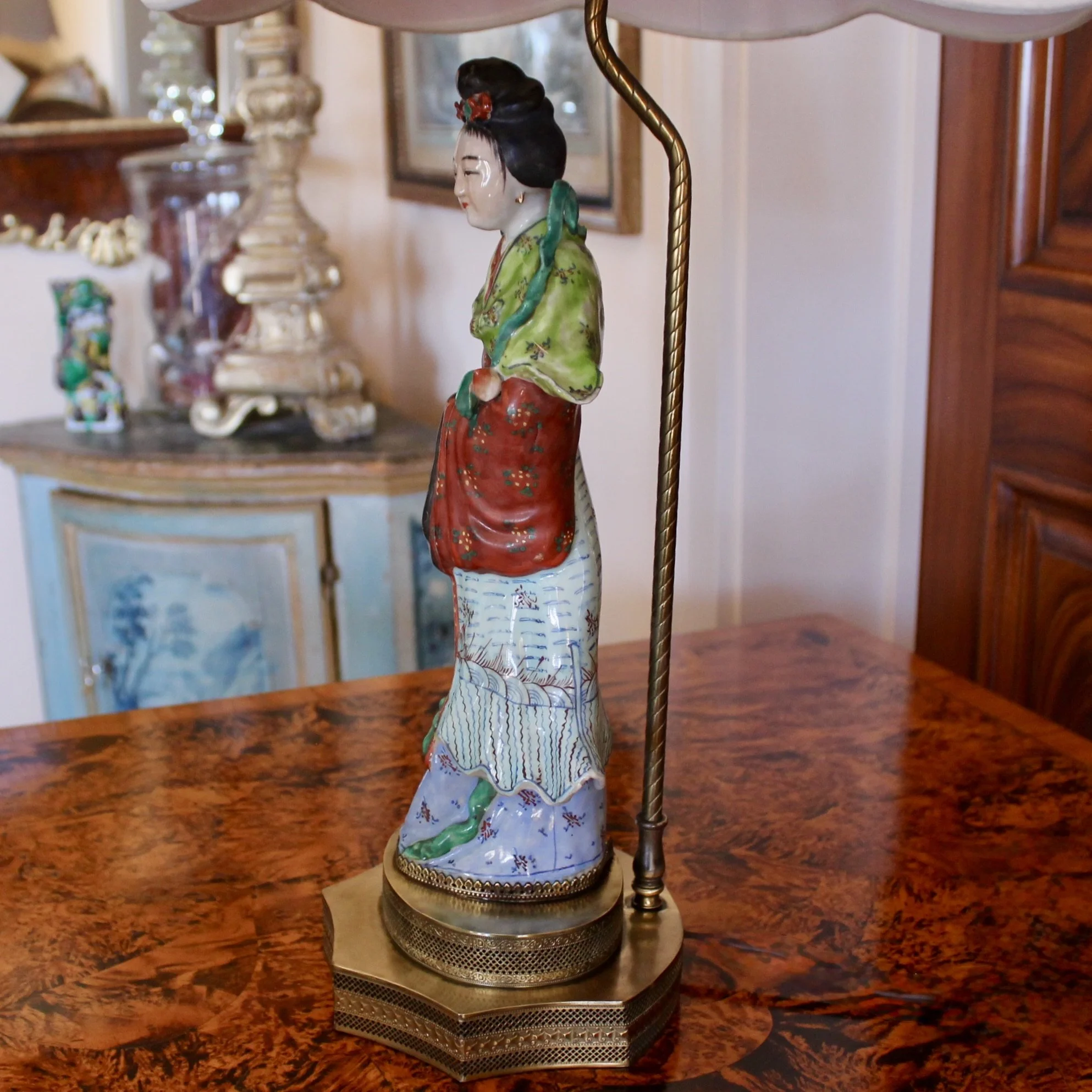 Antique Chinoiserie Porcelain Figure Lamps, Pair